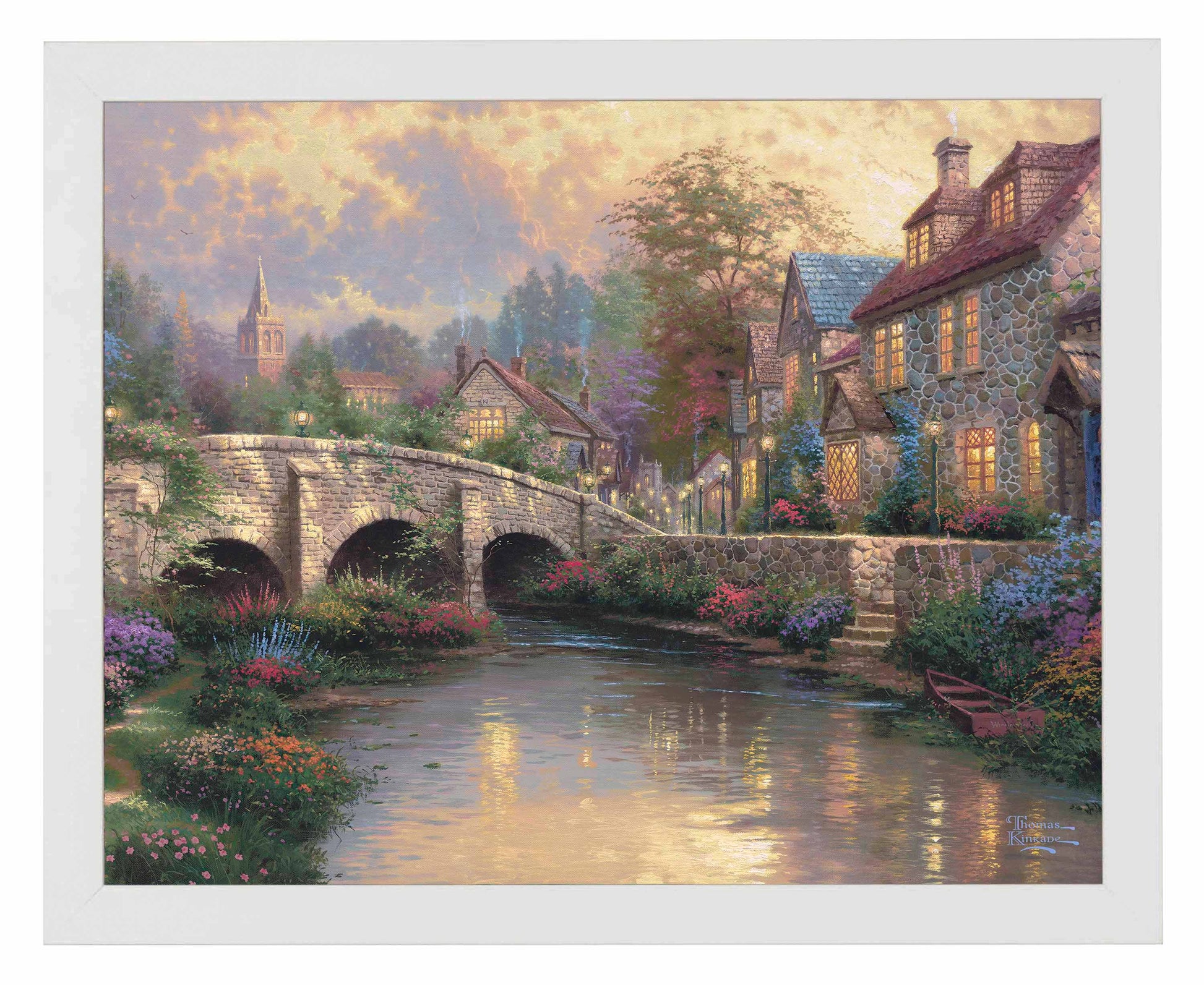 Framed painting of a bridge and house by the river
