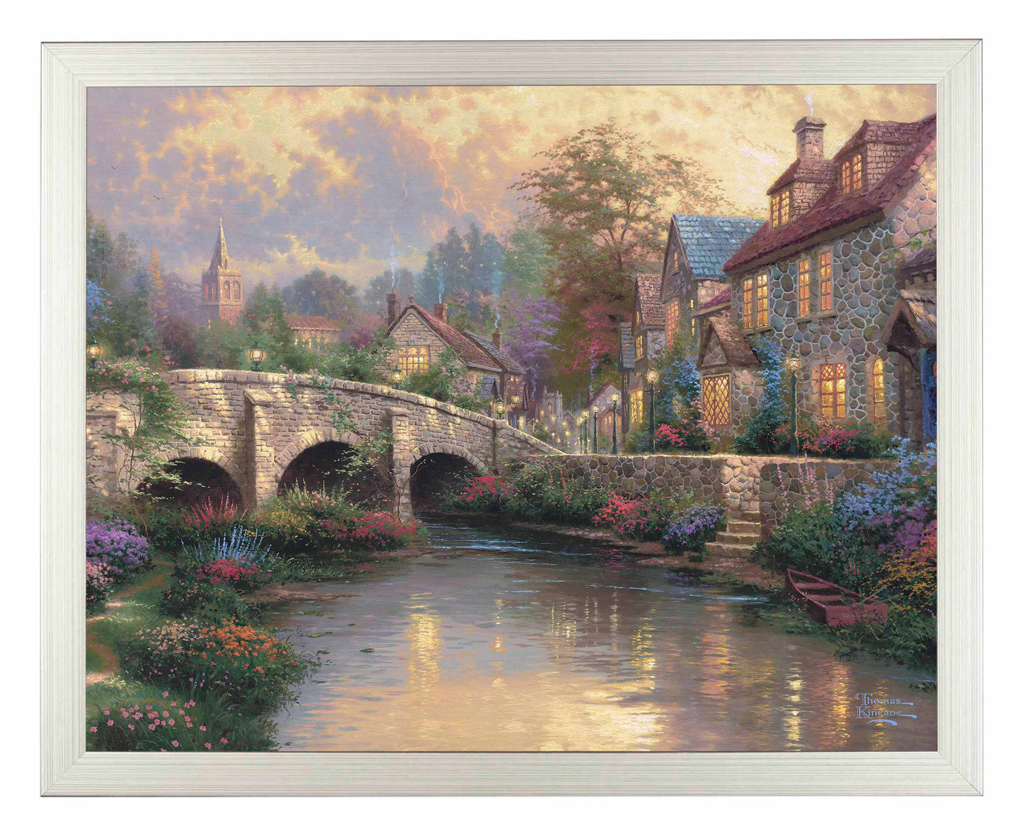 Framed painting of a bridge and house by the river