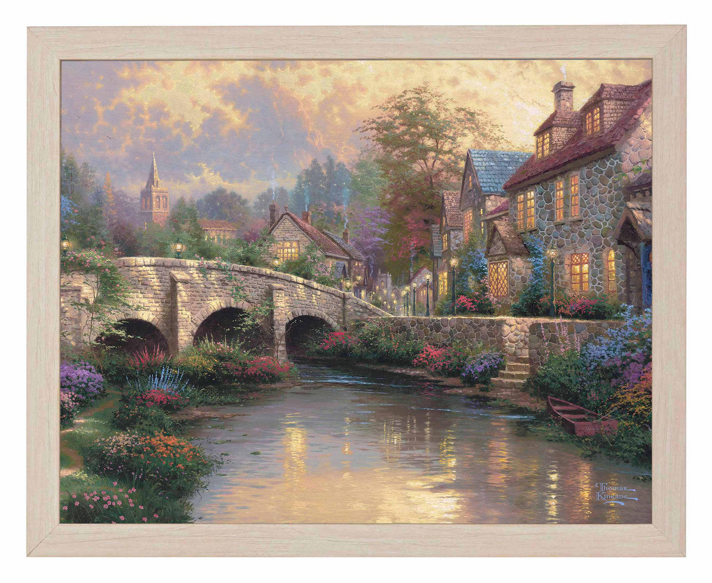 Framed painting of a bridge and house by the river