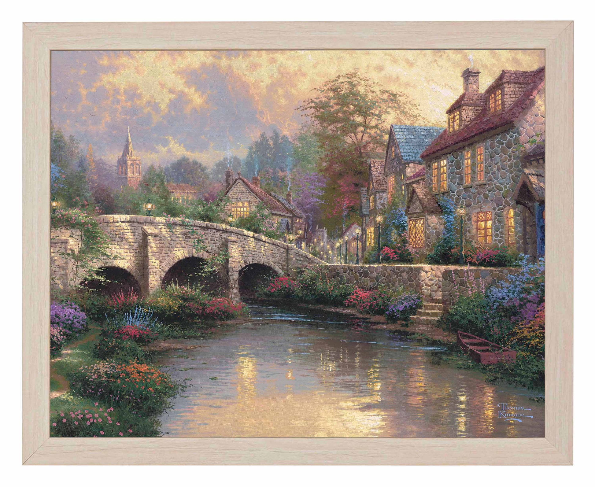 Framed painting of a bridge and house by the river