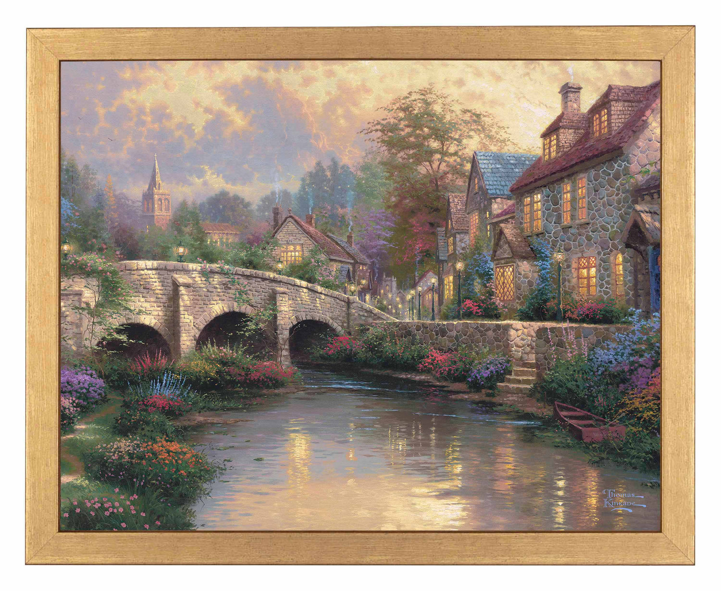 Framed painting of a bridge and house by the river