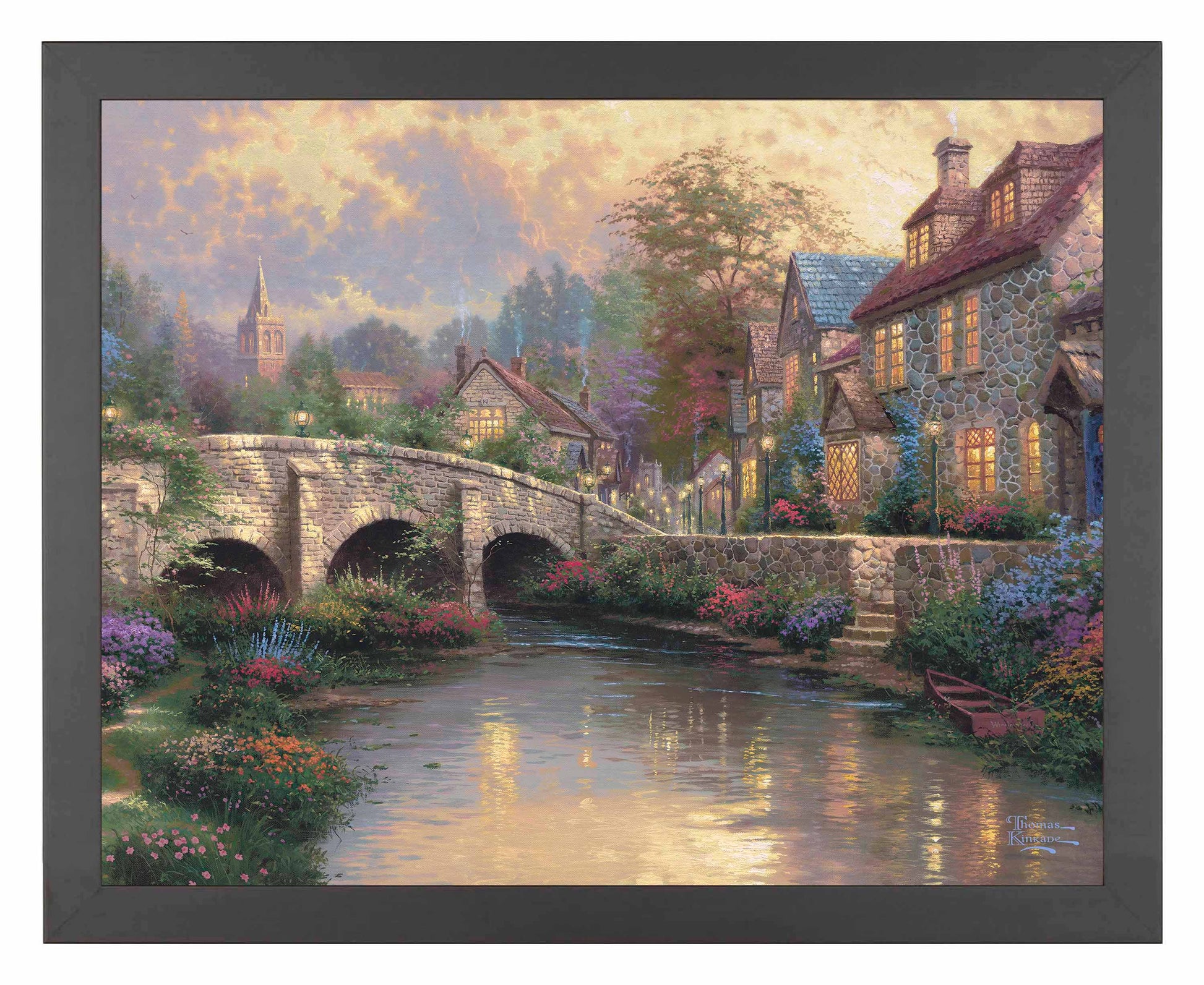 Framed painting of a bridge and house by the river