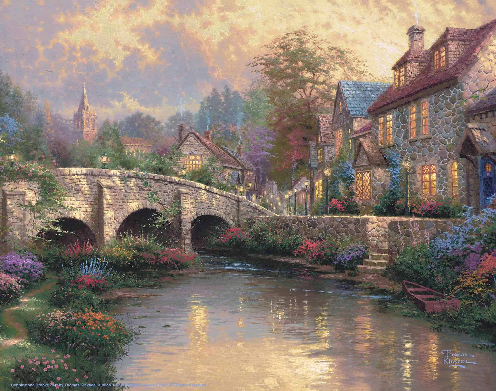 Painting of a bridge and house by the river