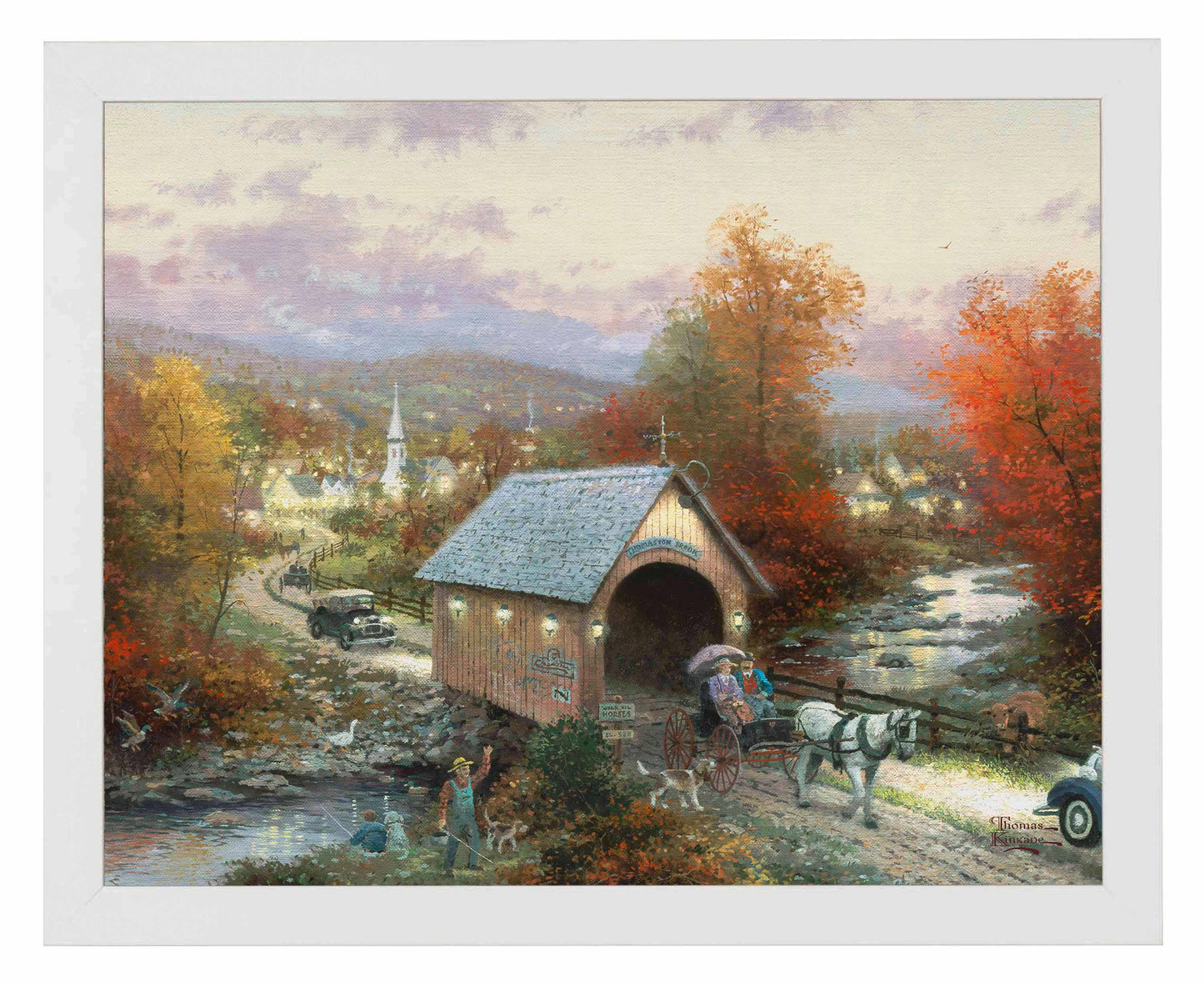 Framed painting of a bridge and horse cart by the river
