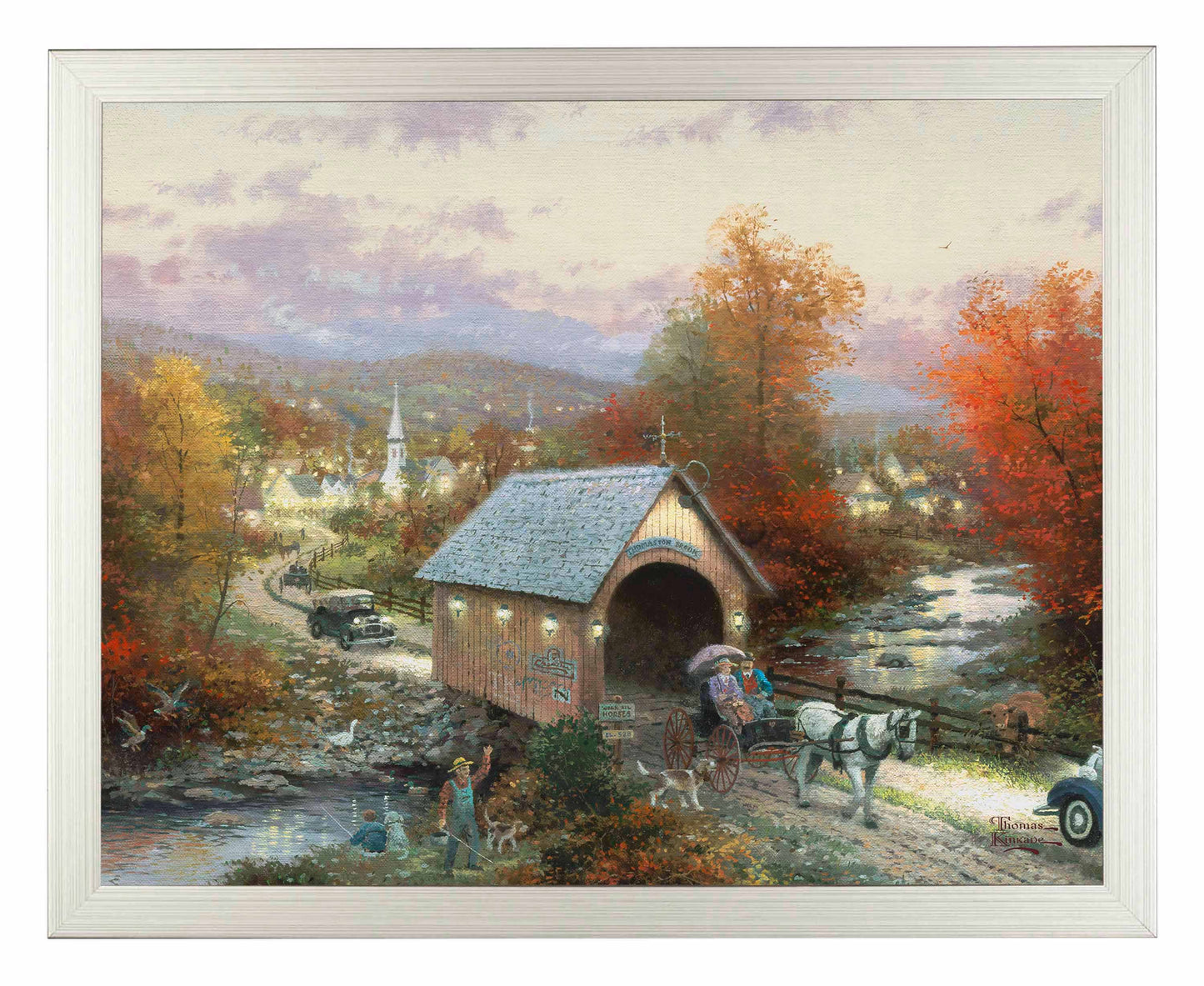 Framed painting of a bridge and horse cart by the river