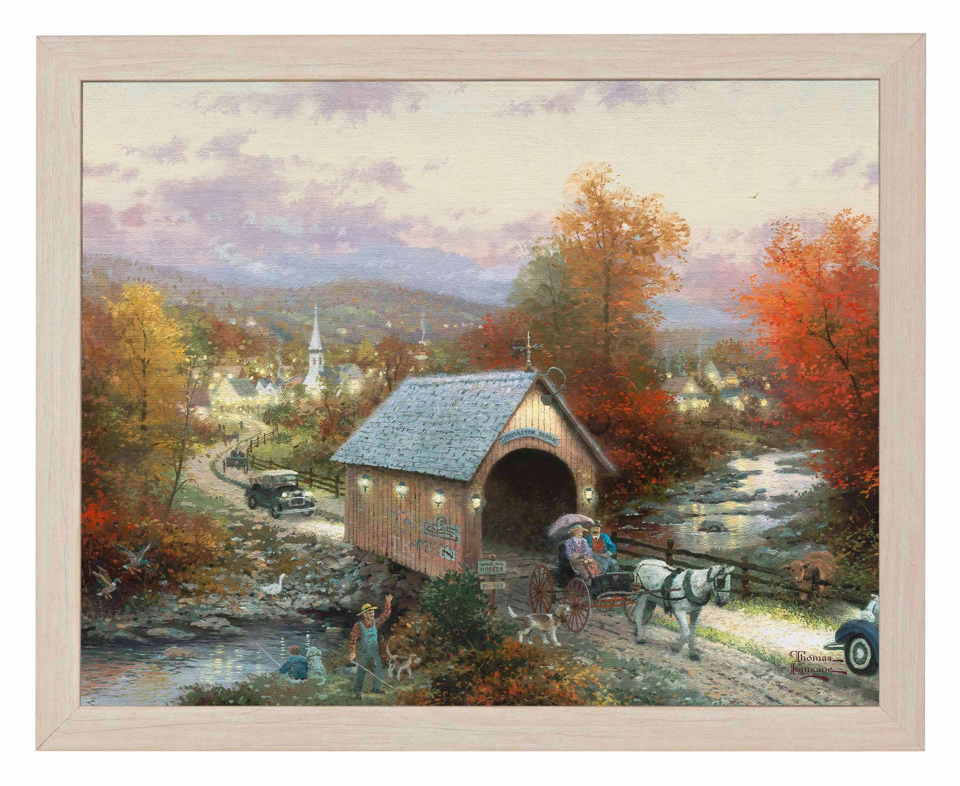 Framed painting of a bridge and horse cart by the river
