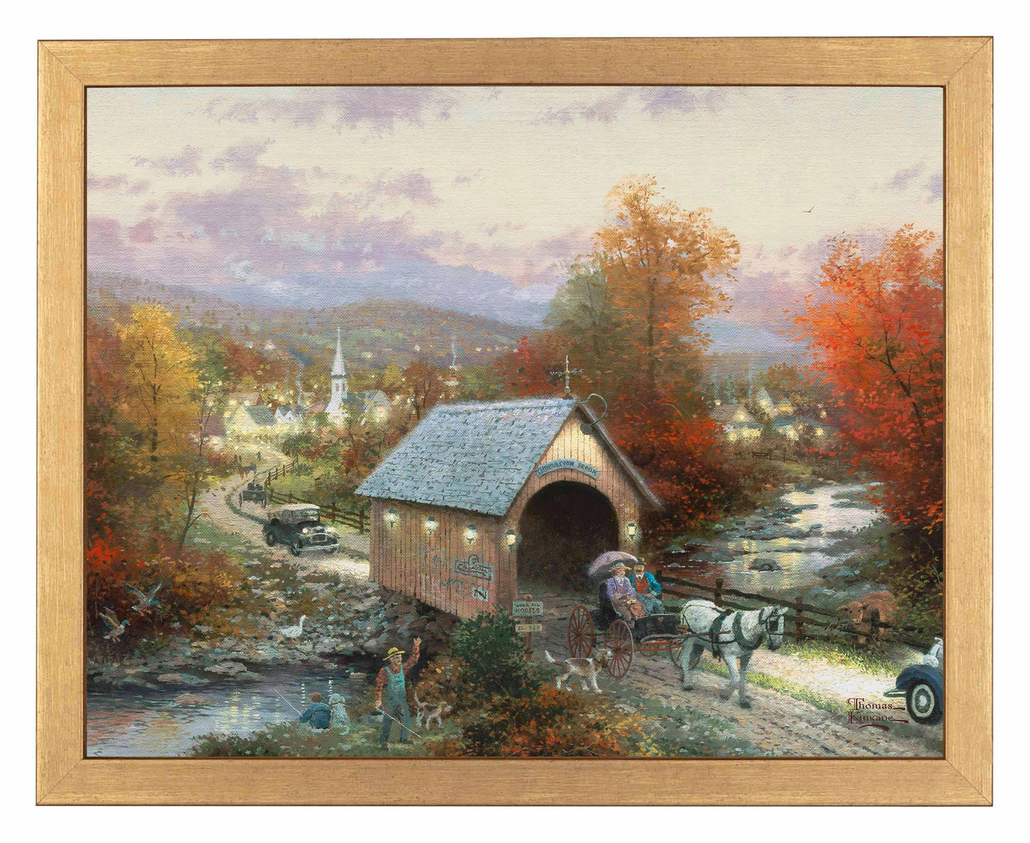 Framed painting of a bridge and horse cart by the river