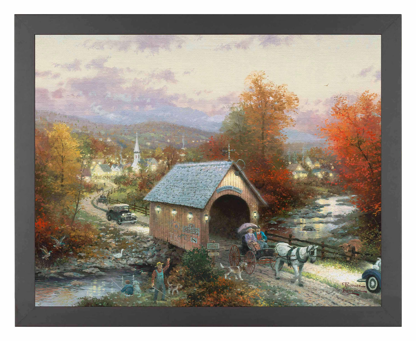 Framed painting of a bridge and horse cart by the river