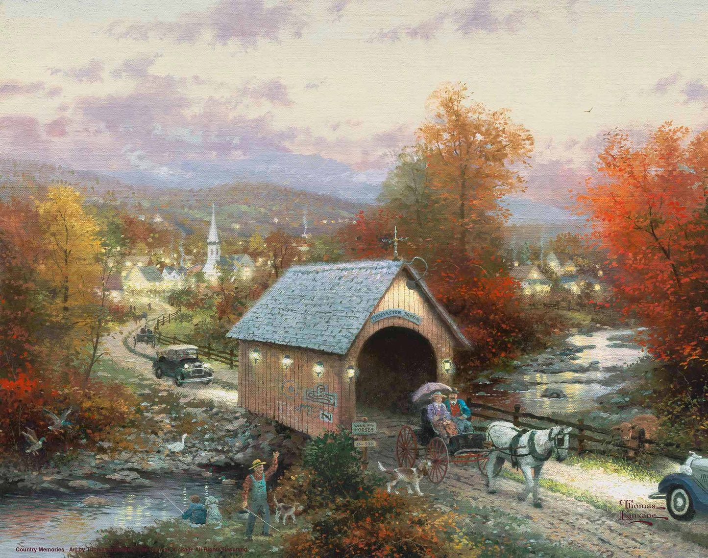 Painting of a bridge and horse cart by the river