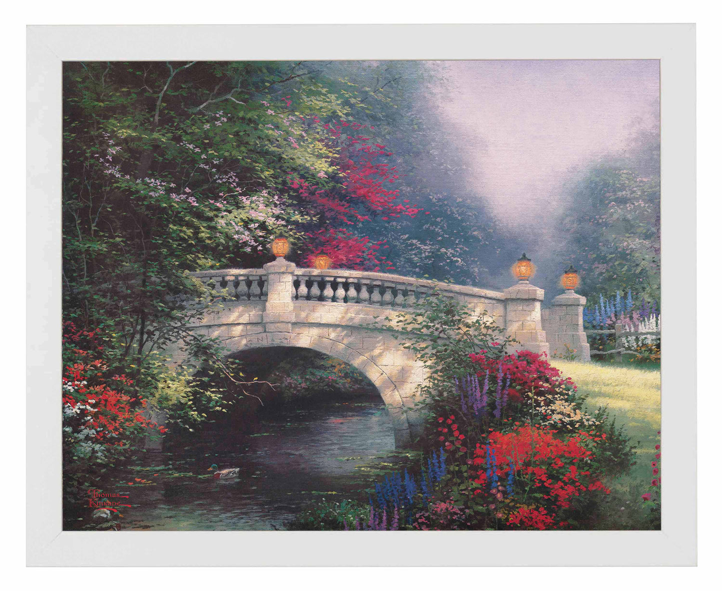 Framed painting of a bridge and roses by the river