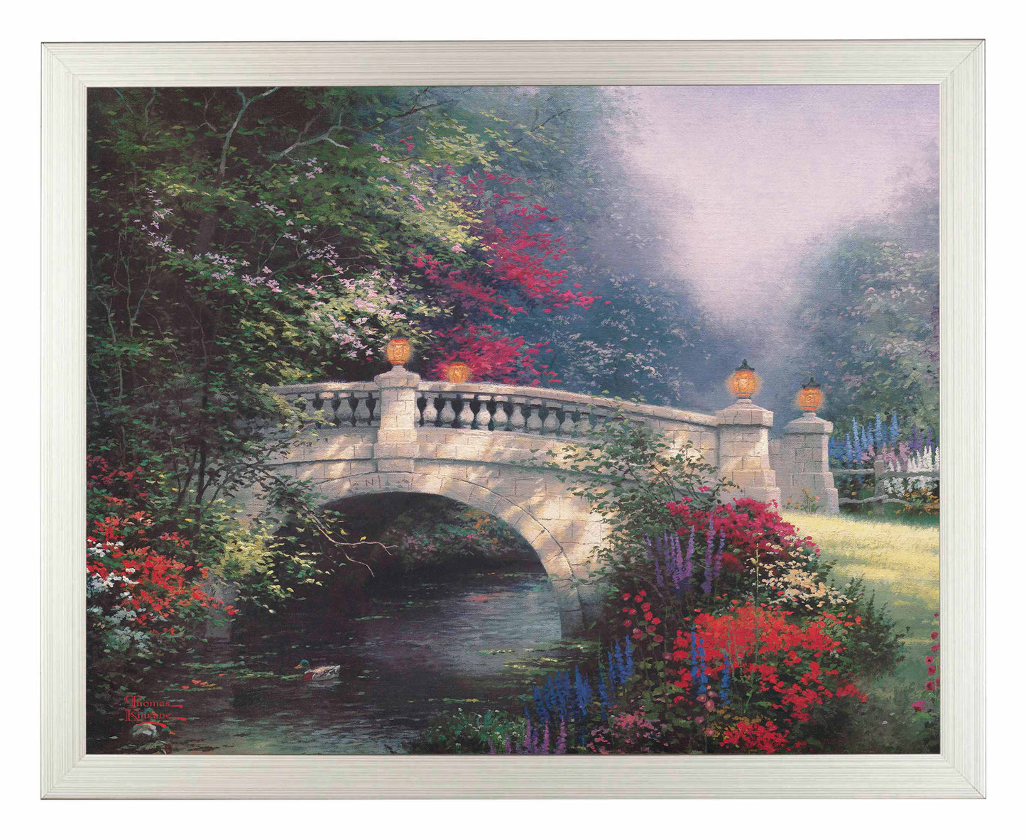 Framed painting of a bridge and roses by the river