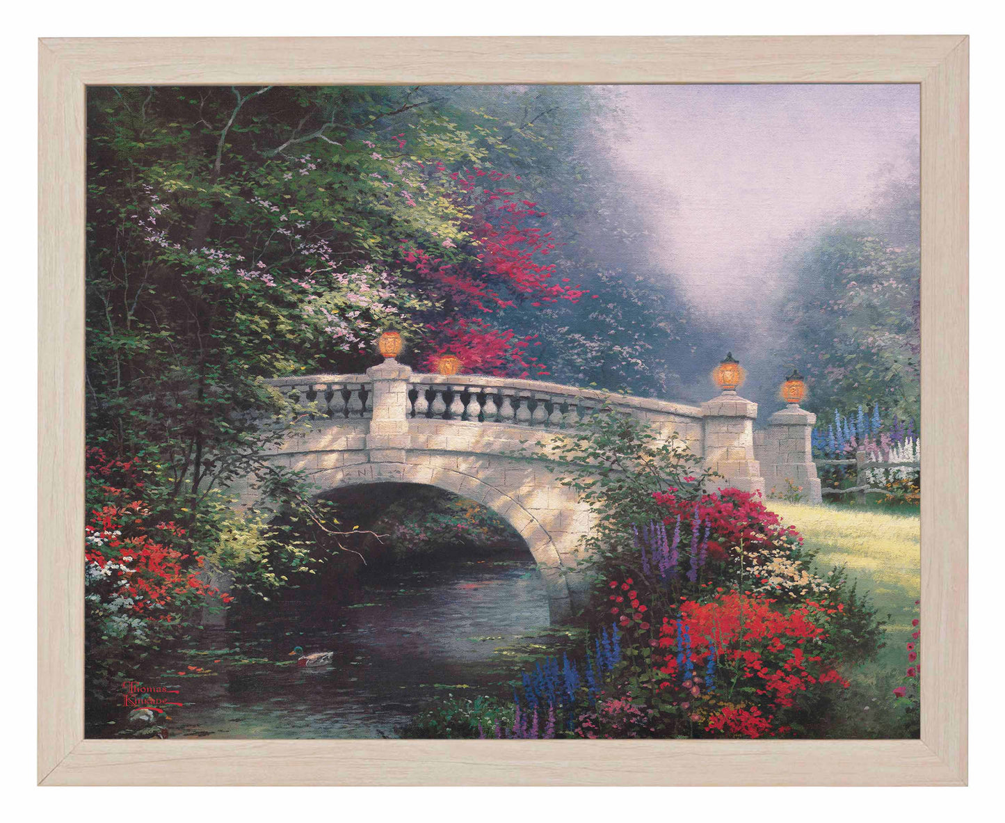 Framed painting of a bridge and roses by the river
