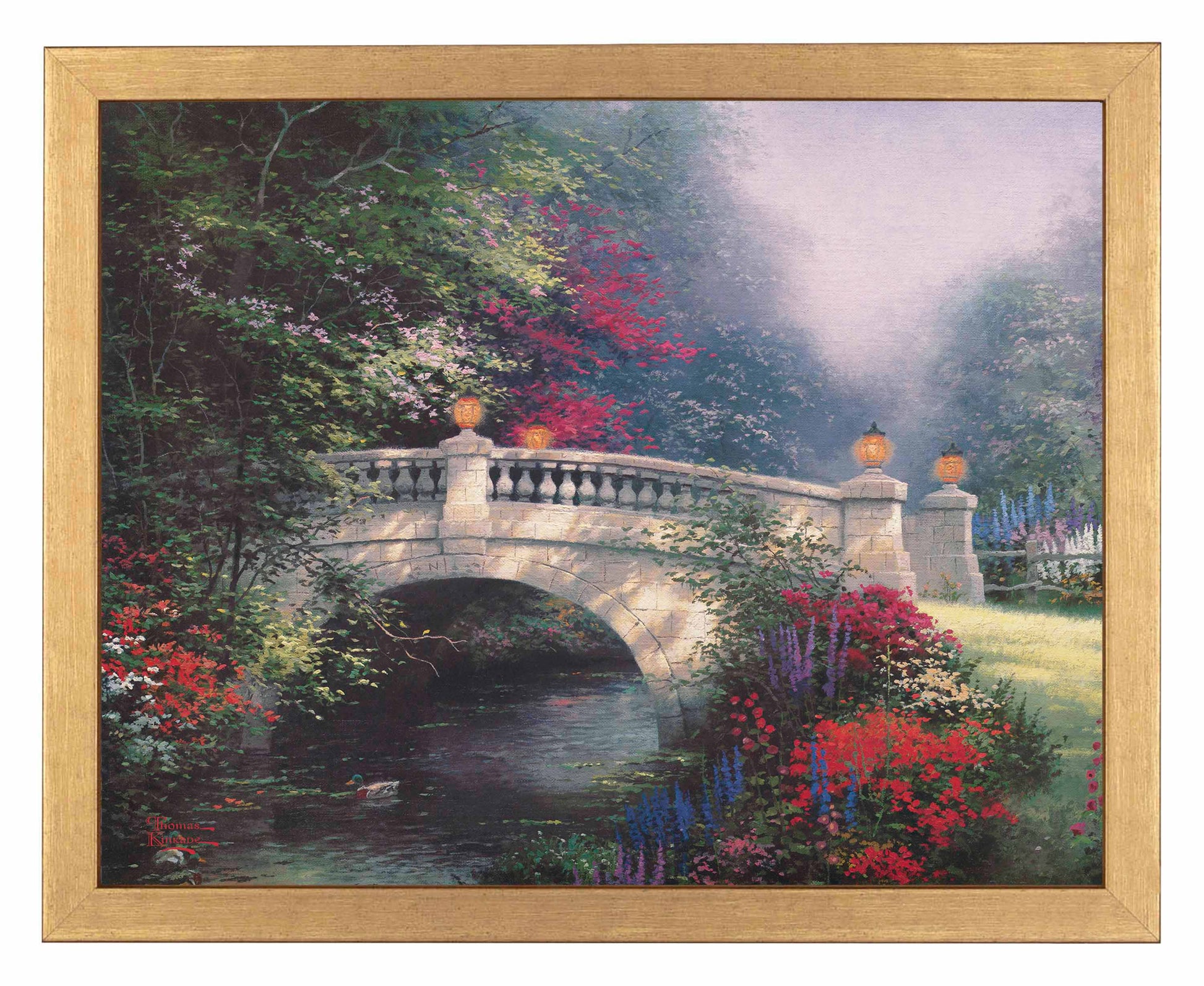 Framed painting of a bridge and roses by the river
