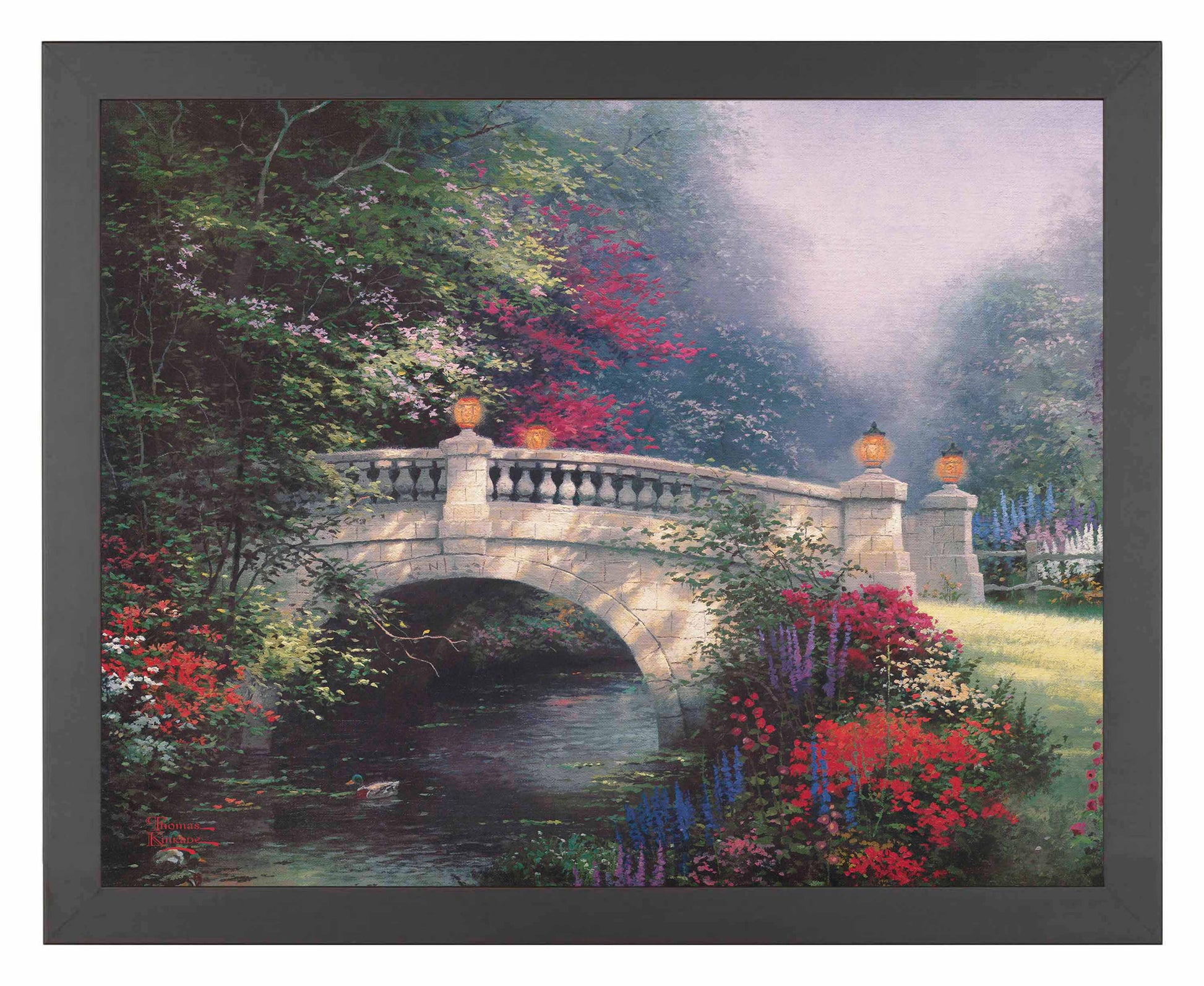 Framed painting of a bridge and roses by the river