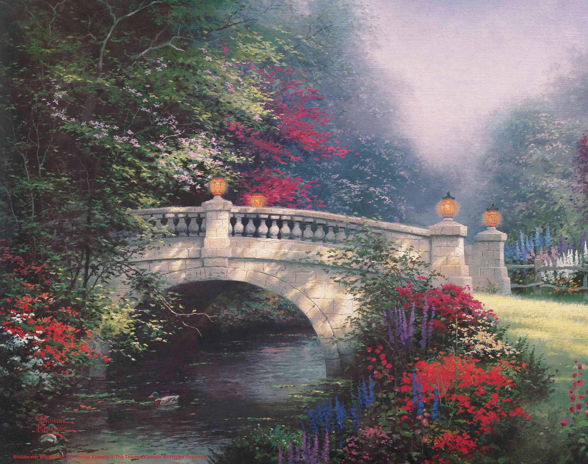 Painting of a bridge and roses by the river