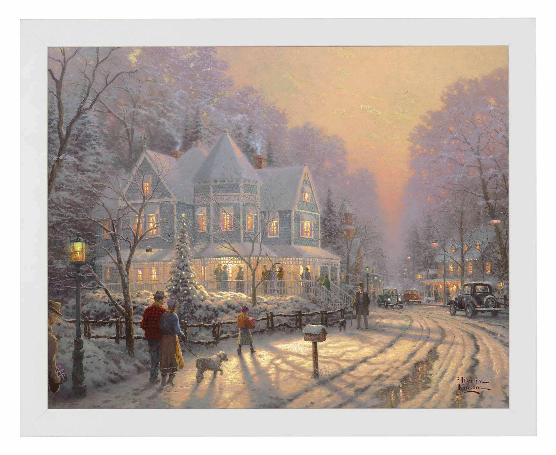 Framed painting of Christmas house, trees and people gathering