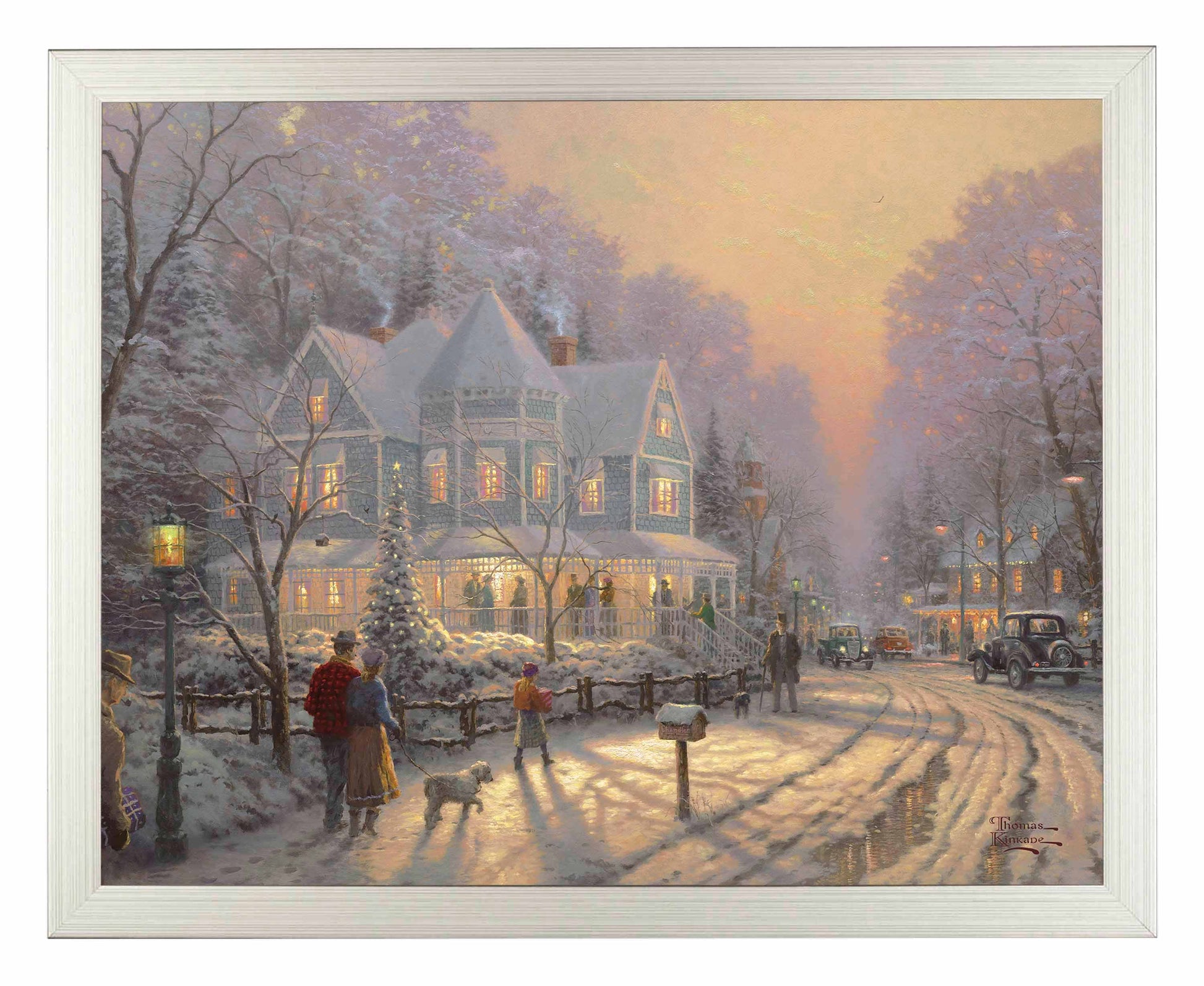 Framed painting of Christmas house, trees and people gathering