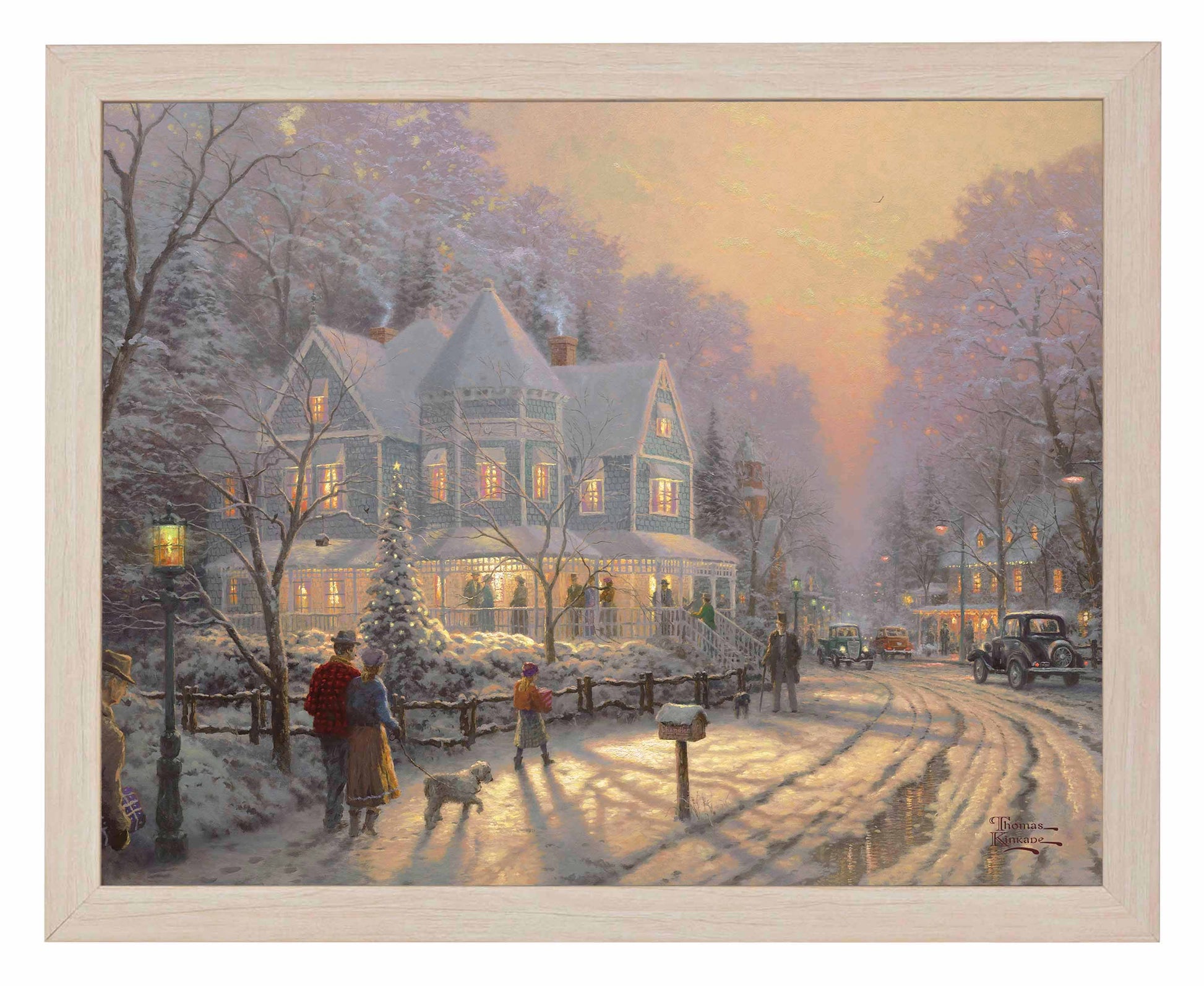 Framed painting of Christmas house, trees and people gathering