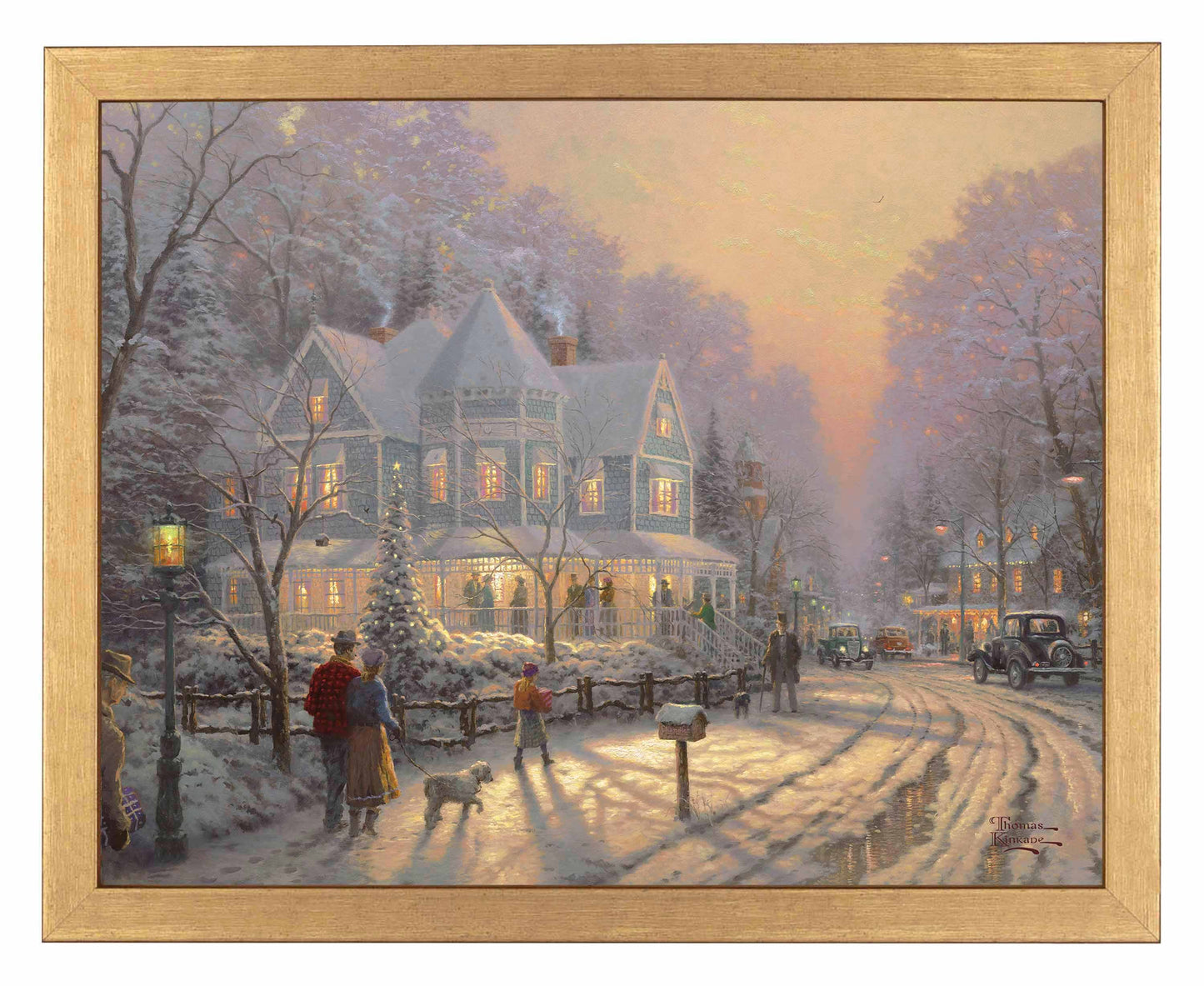 Framed painting of Christmas house, trees and people gathering