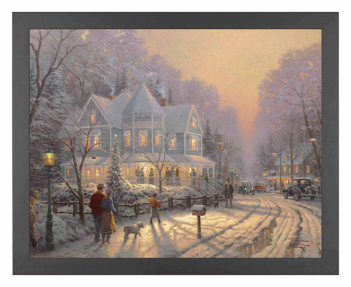 Framed painting of Christmas house, trees and people gathering