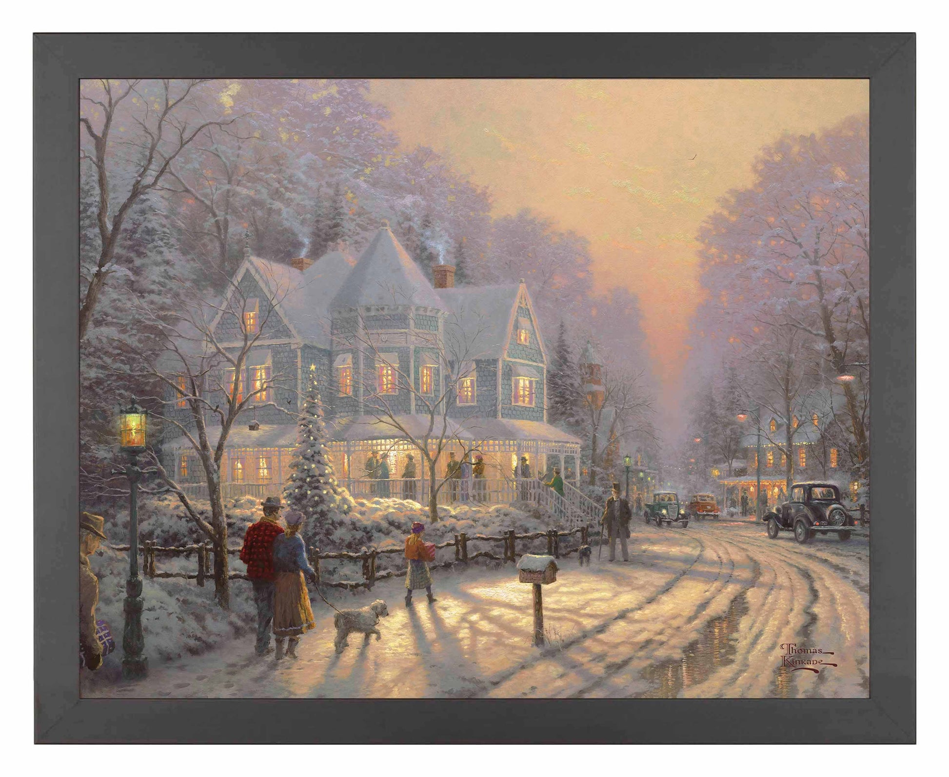 Framed painting of Christmas house, trees and people gathering