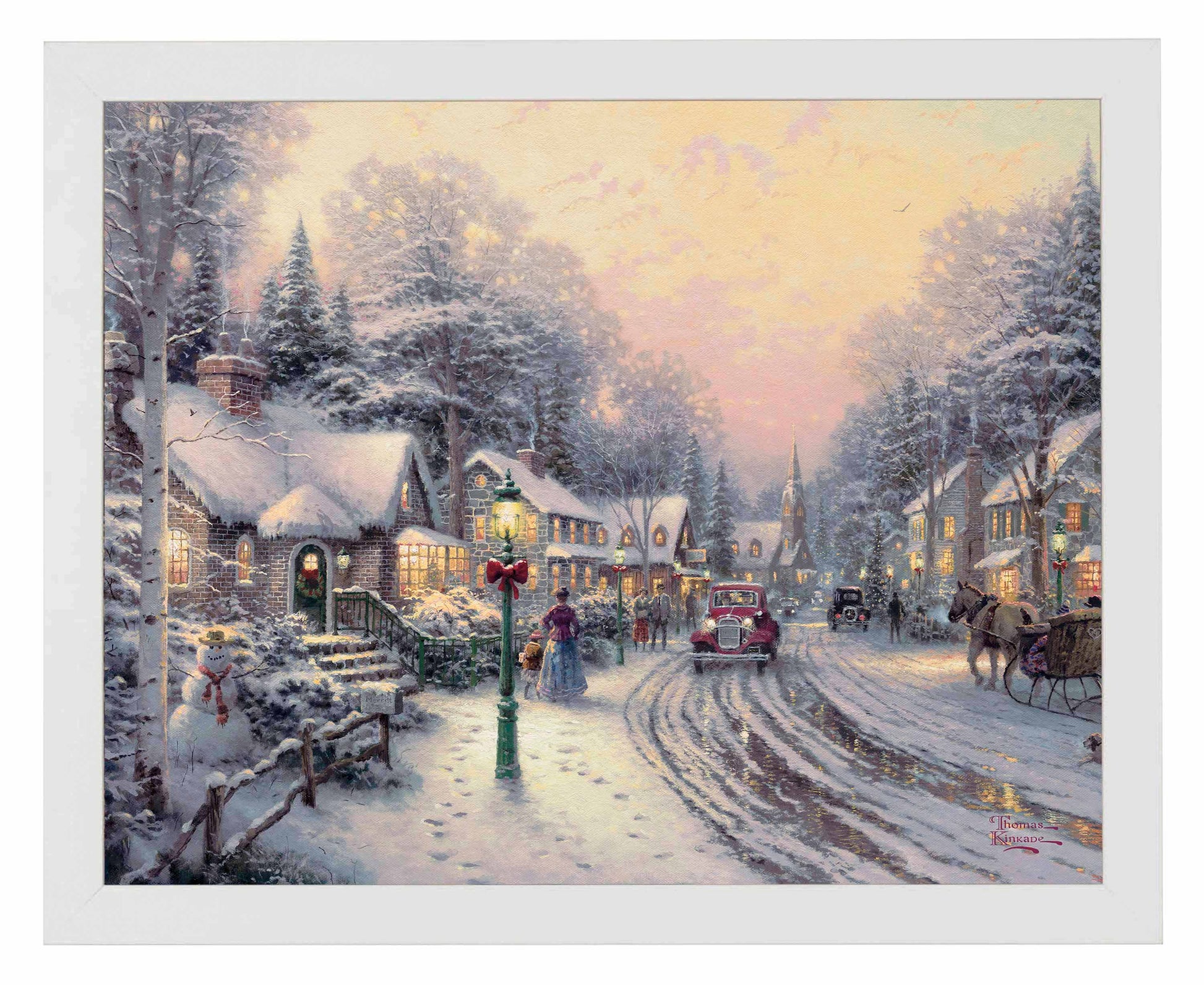 Framed painting of Christmas village with houses, trees and a car on lane