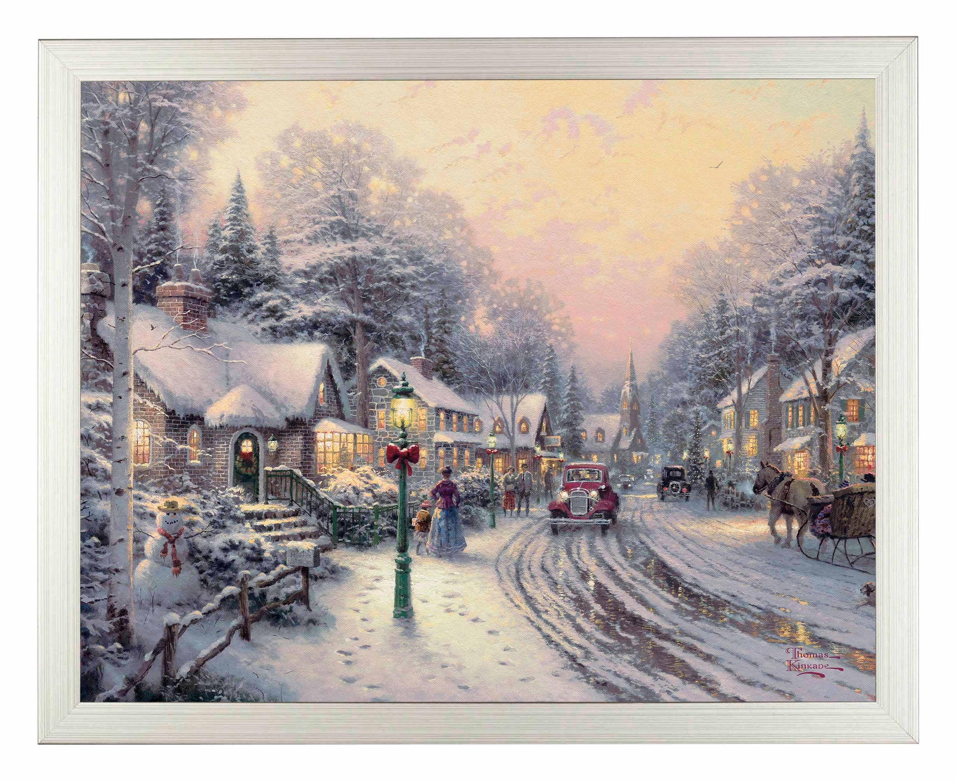 Framed painting of Christmas village with houses, trees and a car on lane