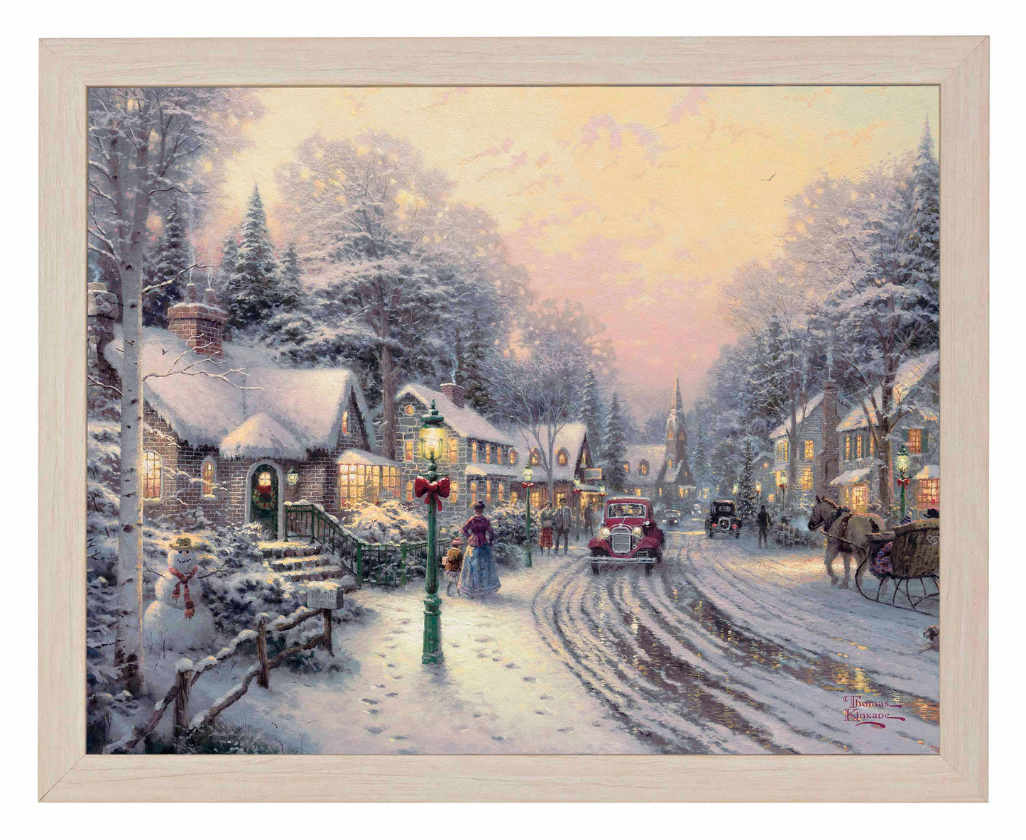Framed painting of Christmas village with houses, trees and a car on lane