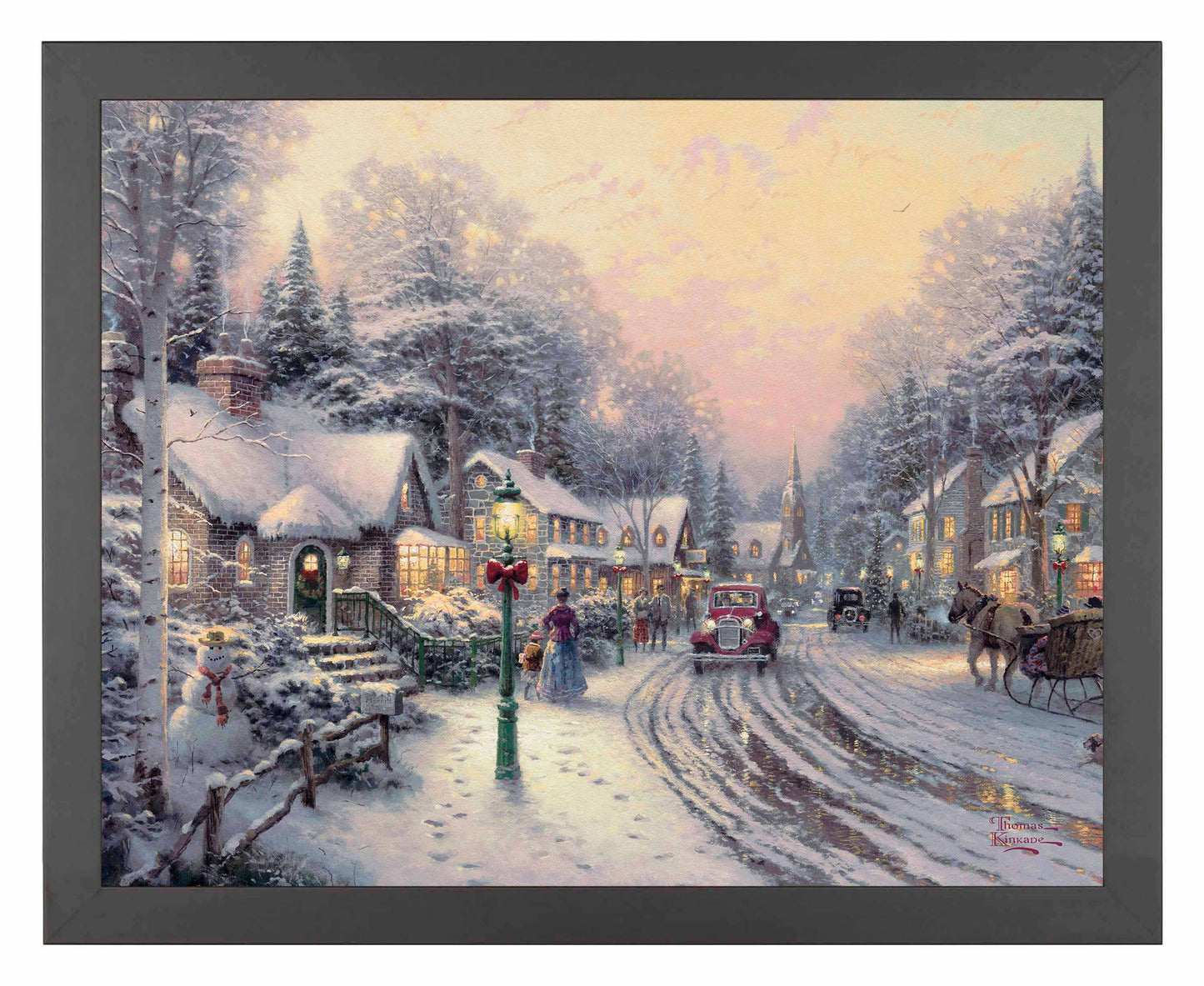 Framed painting of Christmas village with houses, trees and a car on lane