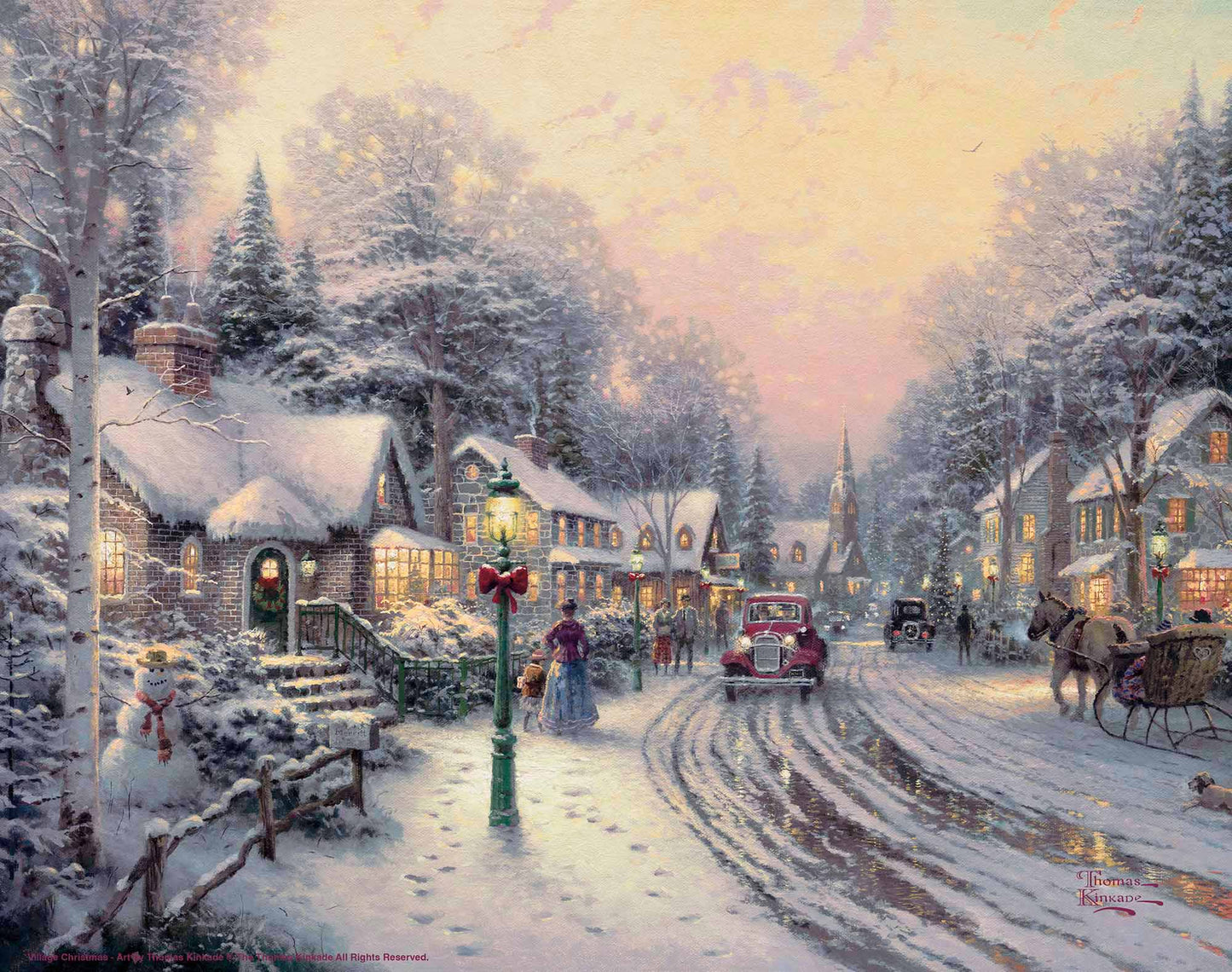 Painting of Christmas village with houses, trees and a car on lane