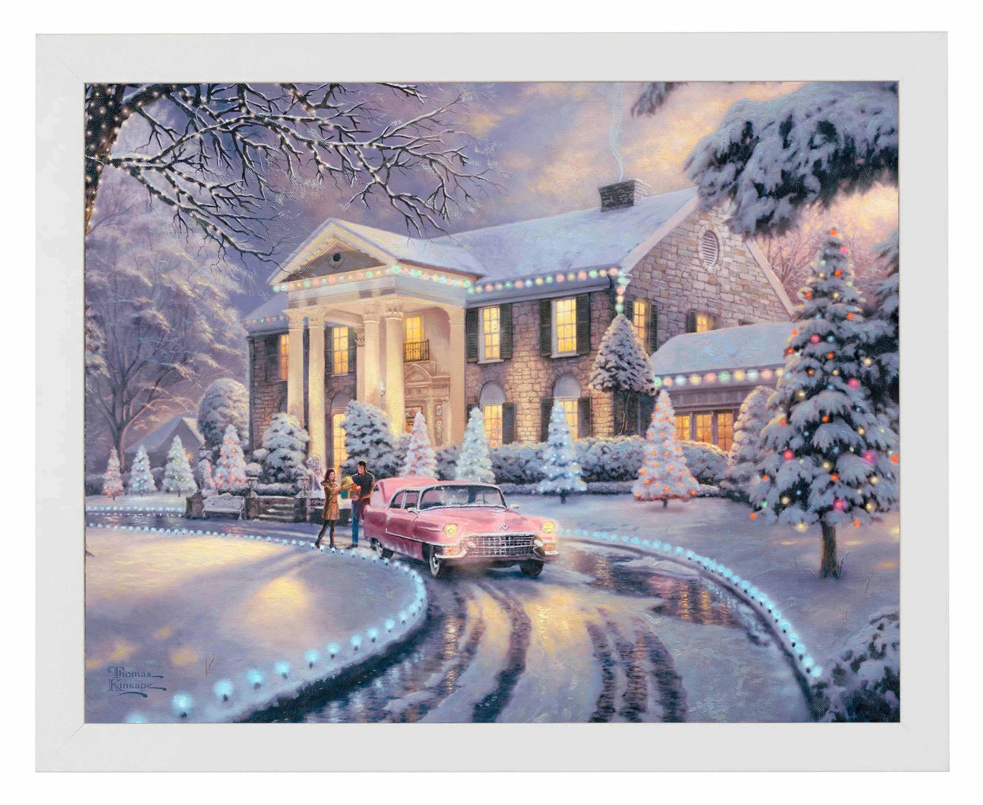 Framed painting of Christmas house and trees with a car on lane