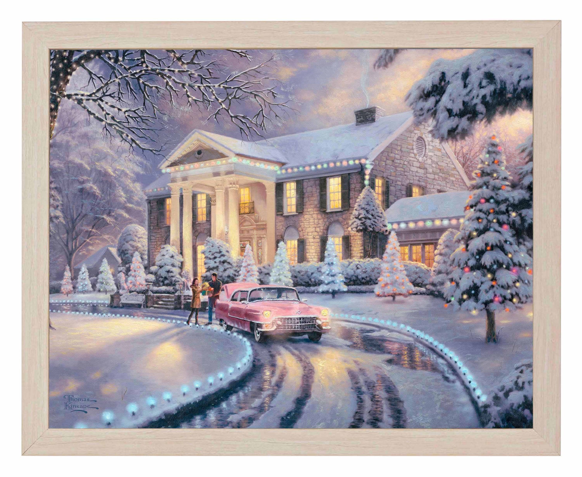 Framed painting of Christmas house and trees with a car on lane
