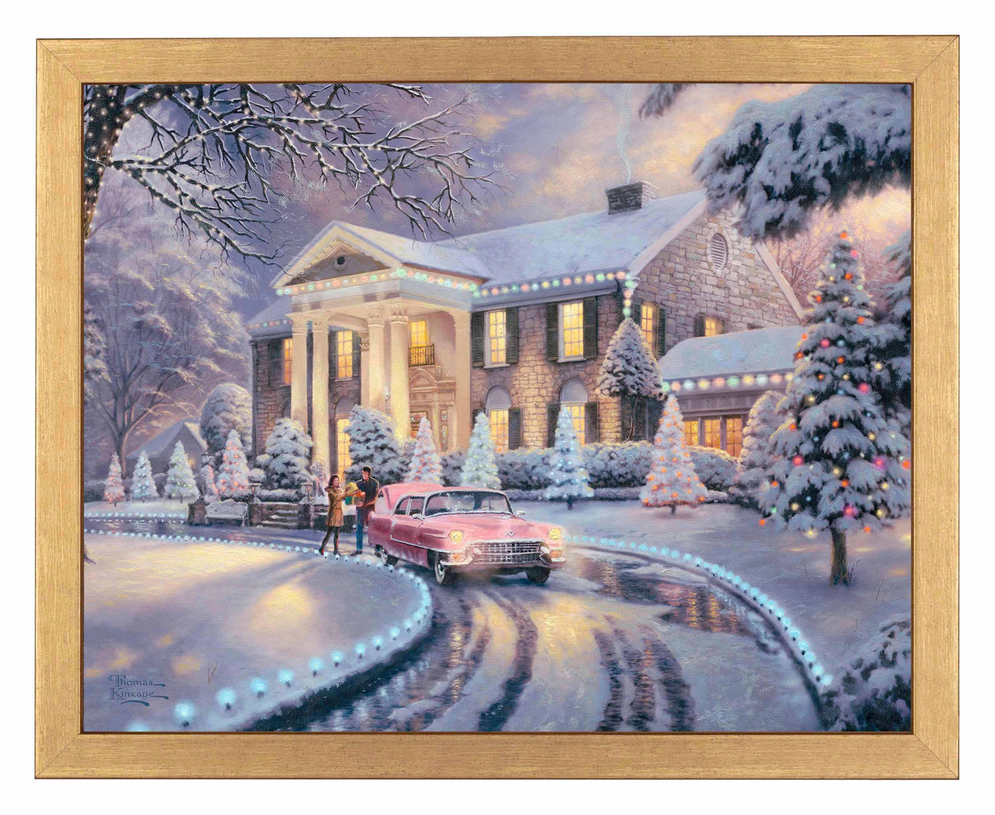 Framed painting of Christmas house and trees with a car on lane