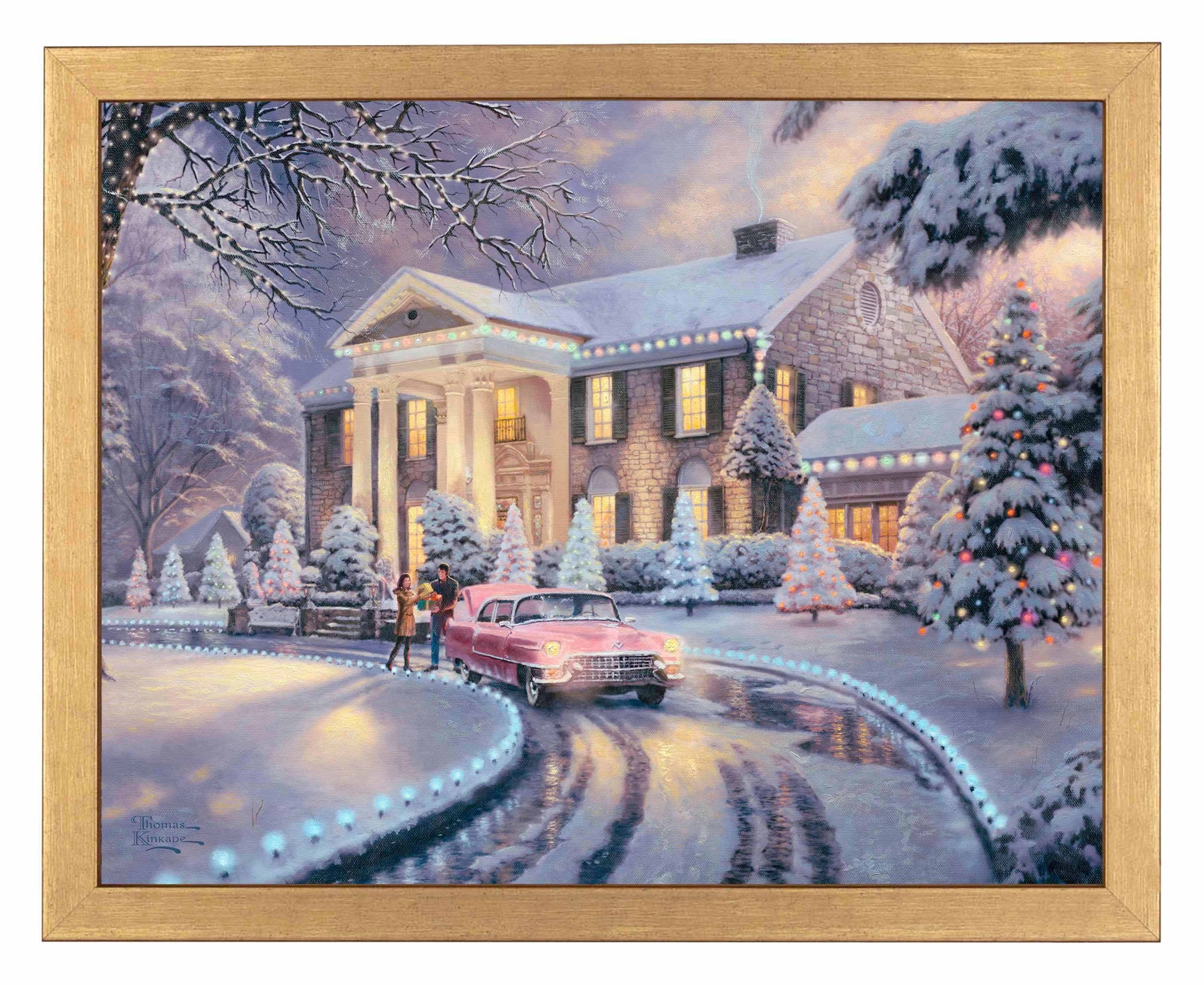 Framed painting of Christmas house and trees with a car on lane