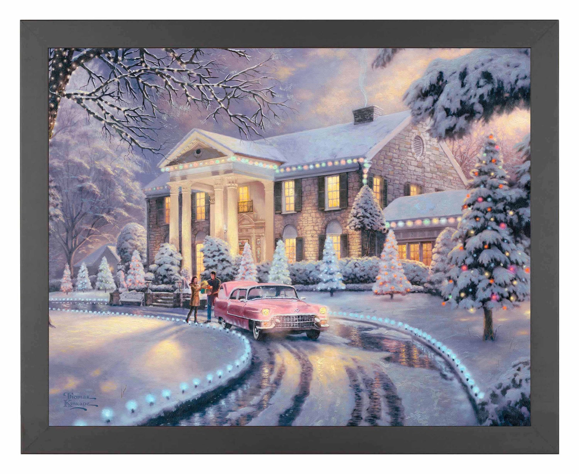 Framed painting of Christmas house and trees with a car on lane