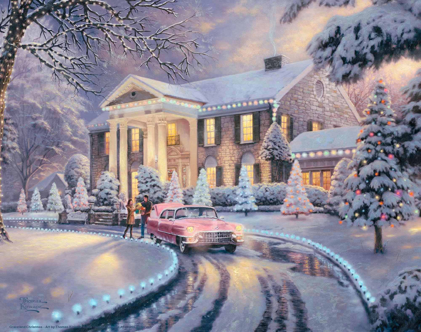 Painting of Christmas house and trees with a car on lane