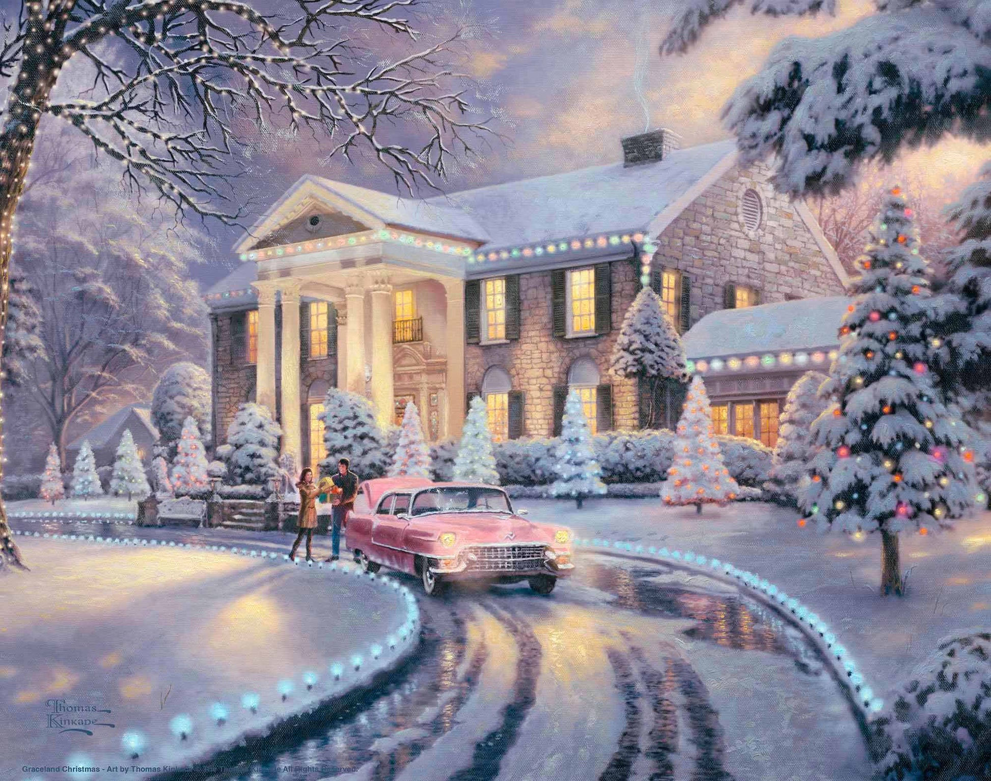 Painting of Christmas house and trees with a car on lane