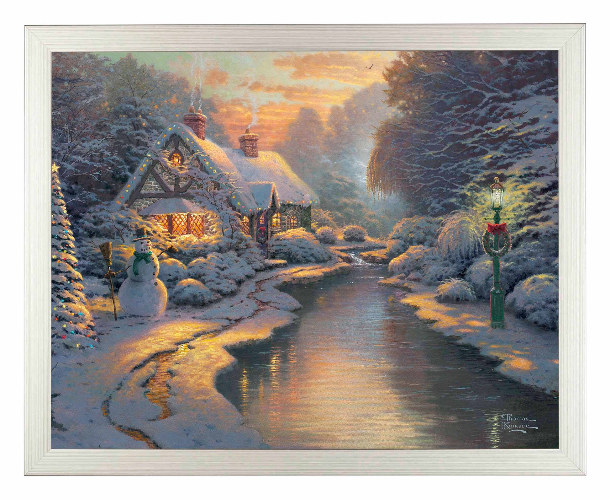 Framed painting of Christmas house and trees by the river