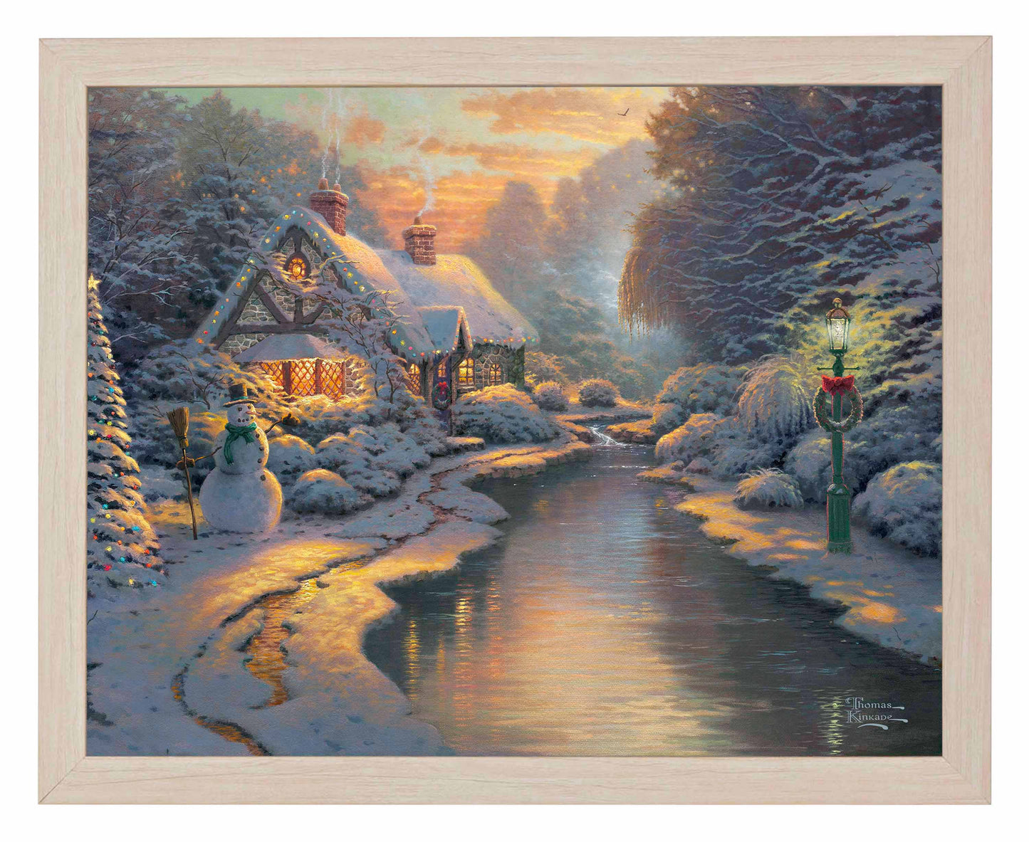 Framed painting of Christmas house and trees by the river