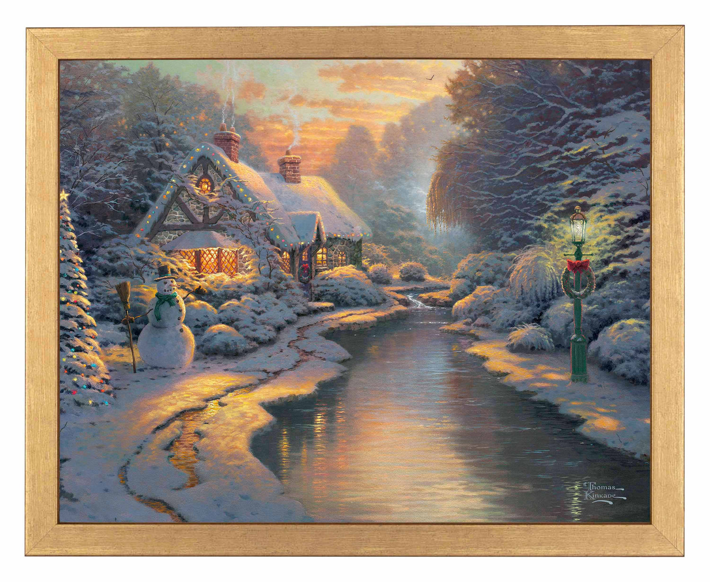 Framed painting of Christmas house and trees by the river