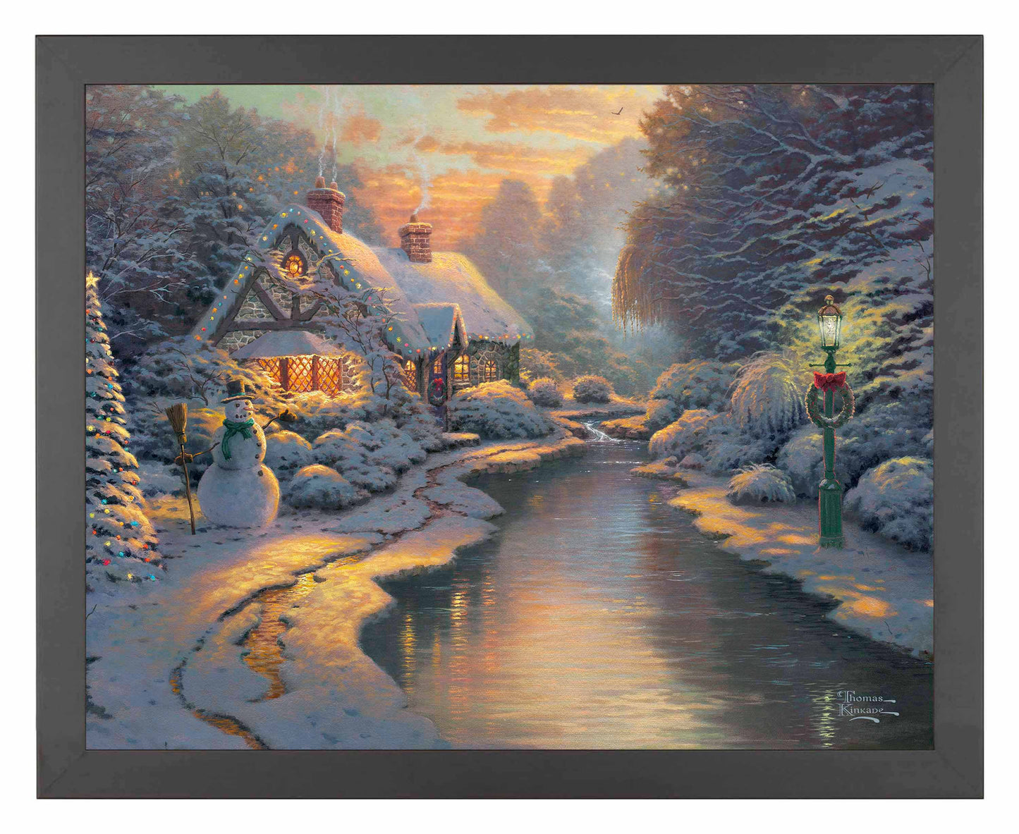 Framed painting of Christmas house and trees by the river