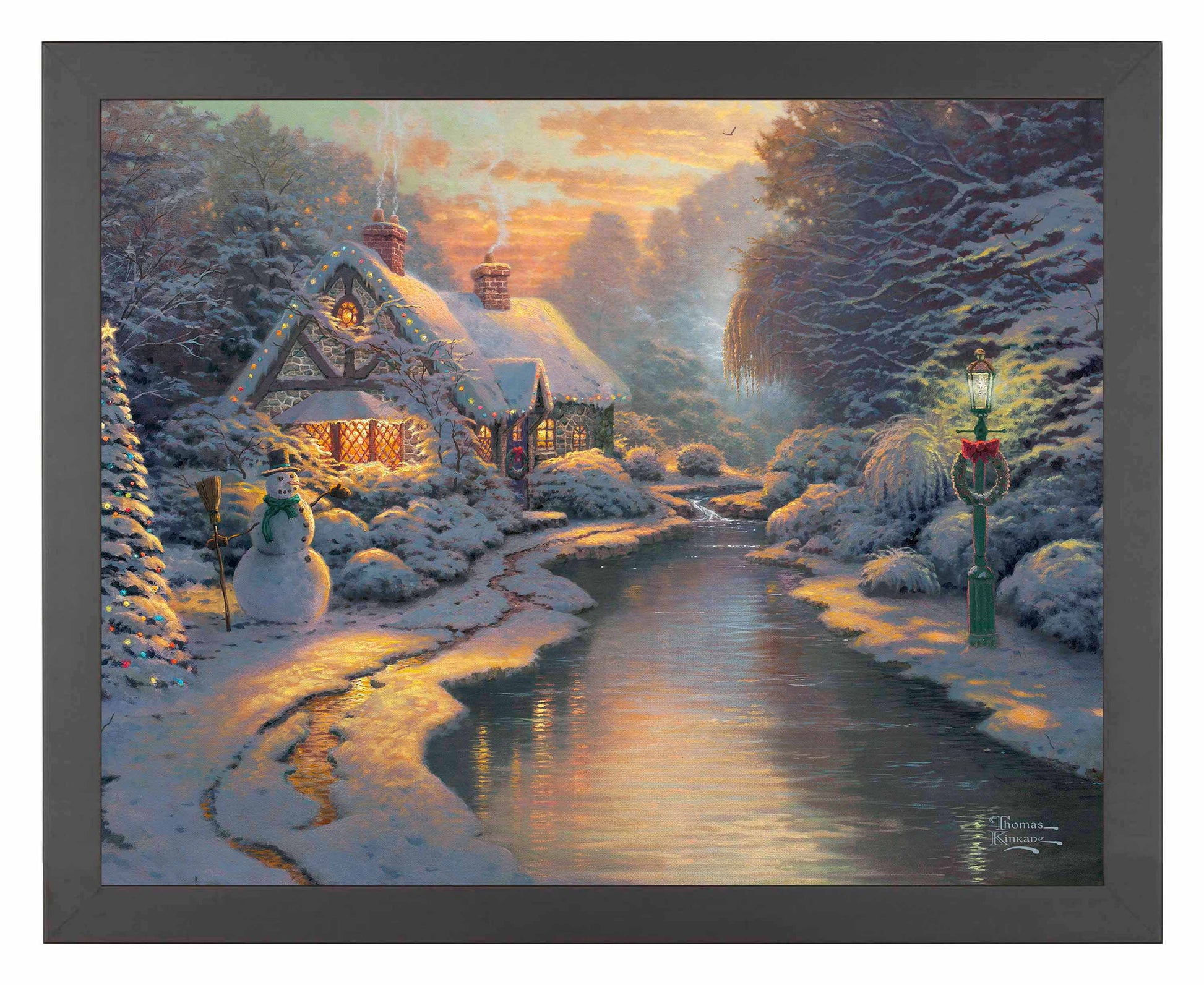 Framed painting of Christmas house and trees by the river