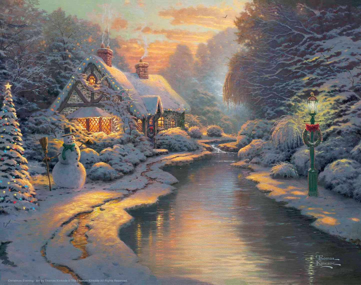 Painting of Christmas house and trees by the river