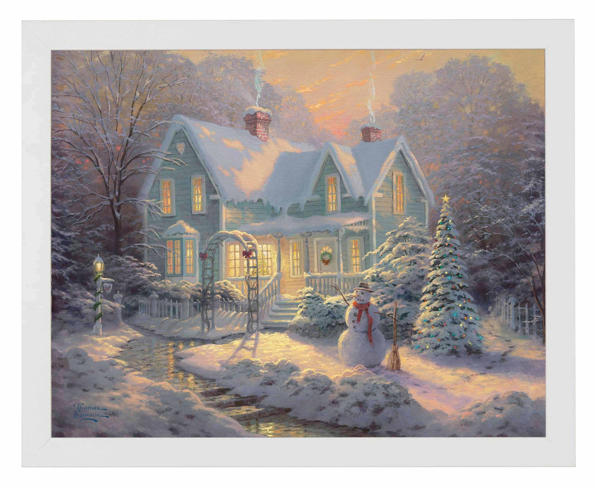 Framed painting of a Christmas house and trees