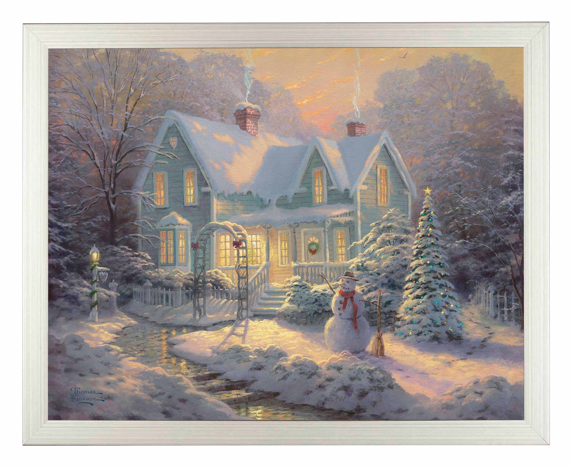 Framed painting of a Christmas house and trees