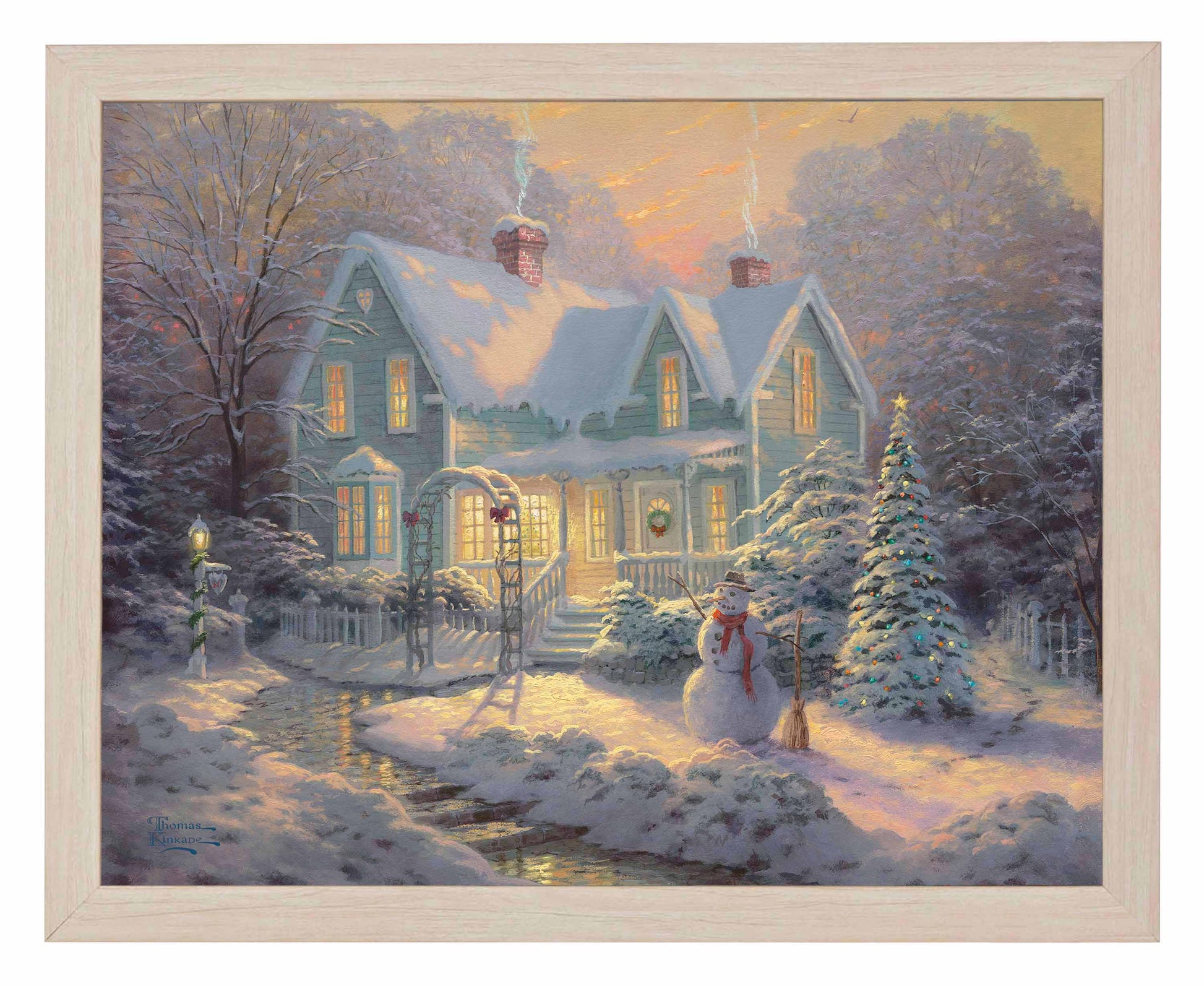 Framed painting of a Christmas house and trees