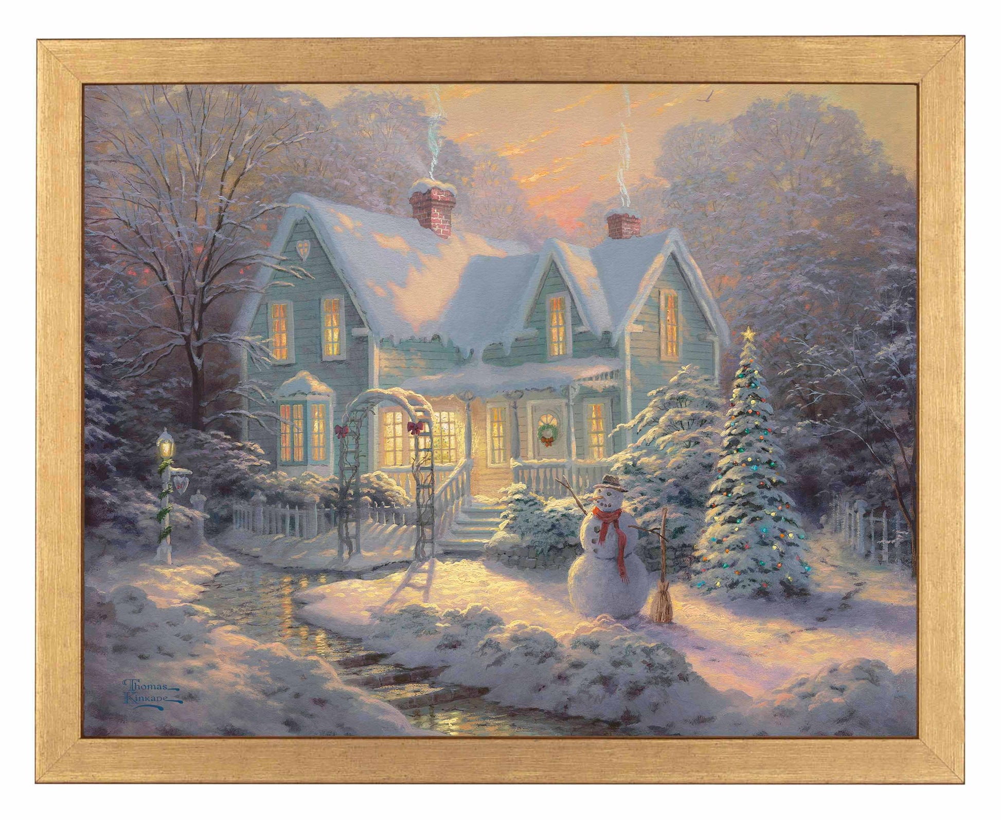 Framed painting of a Christmas house and trees