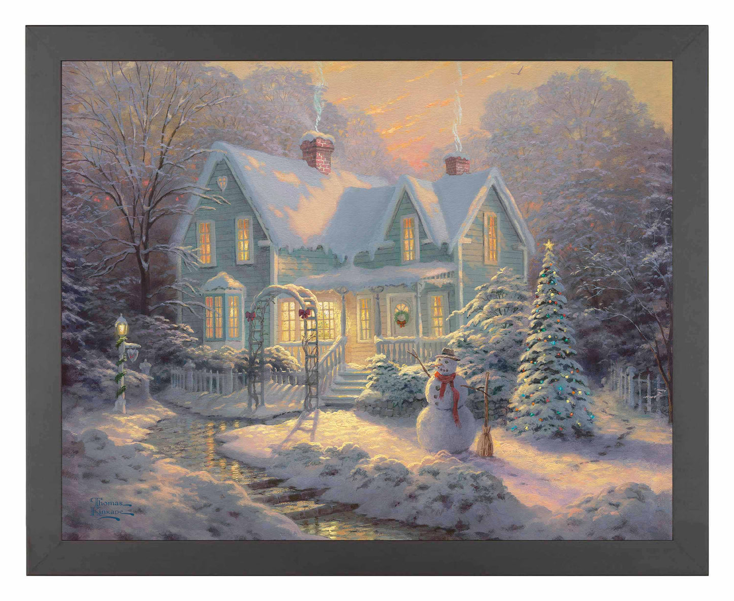 Framed painting of a Christmas house and trees