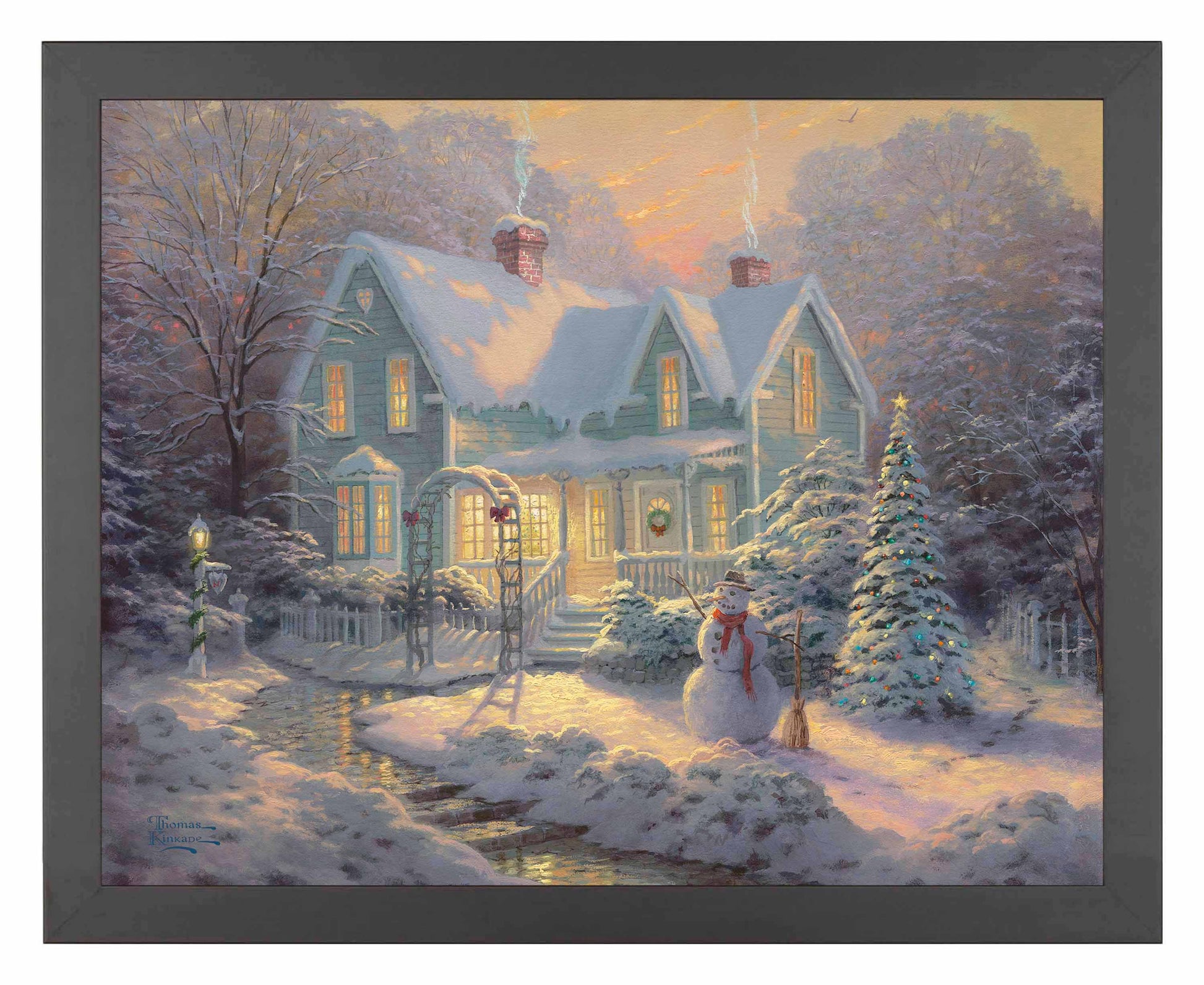 Framed painting of a Christmas house and trees