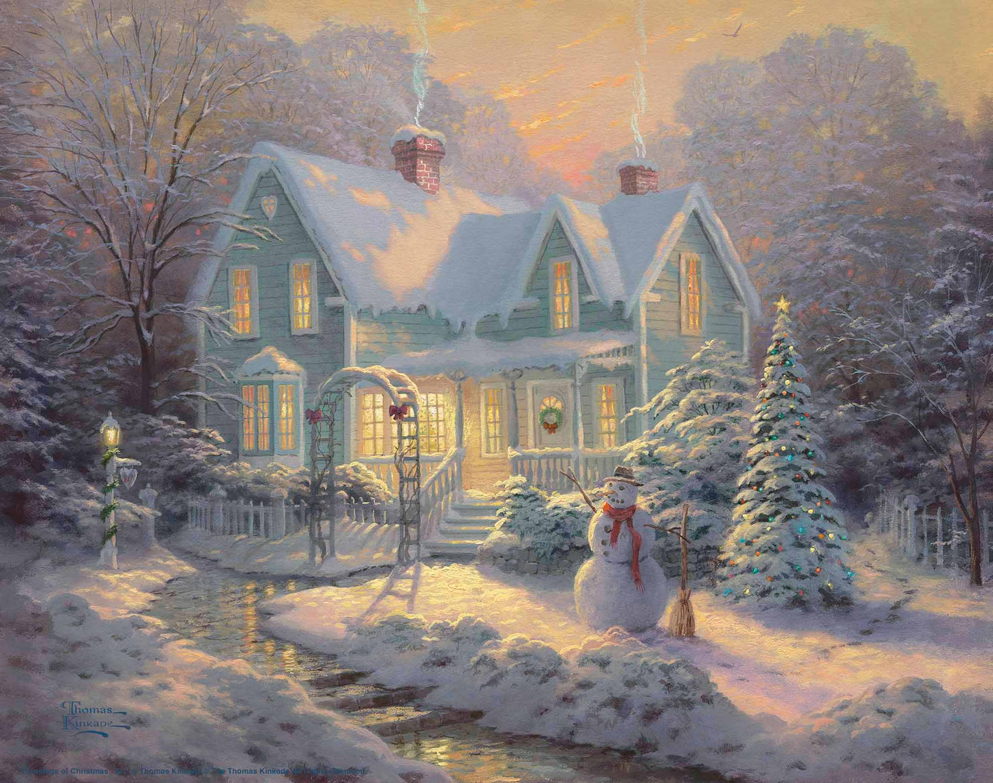Painting of a Christmas house and trees